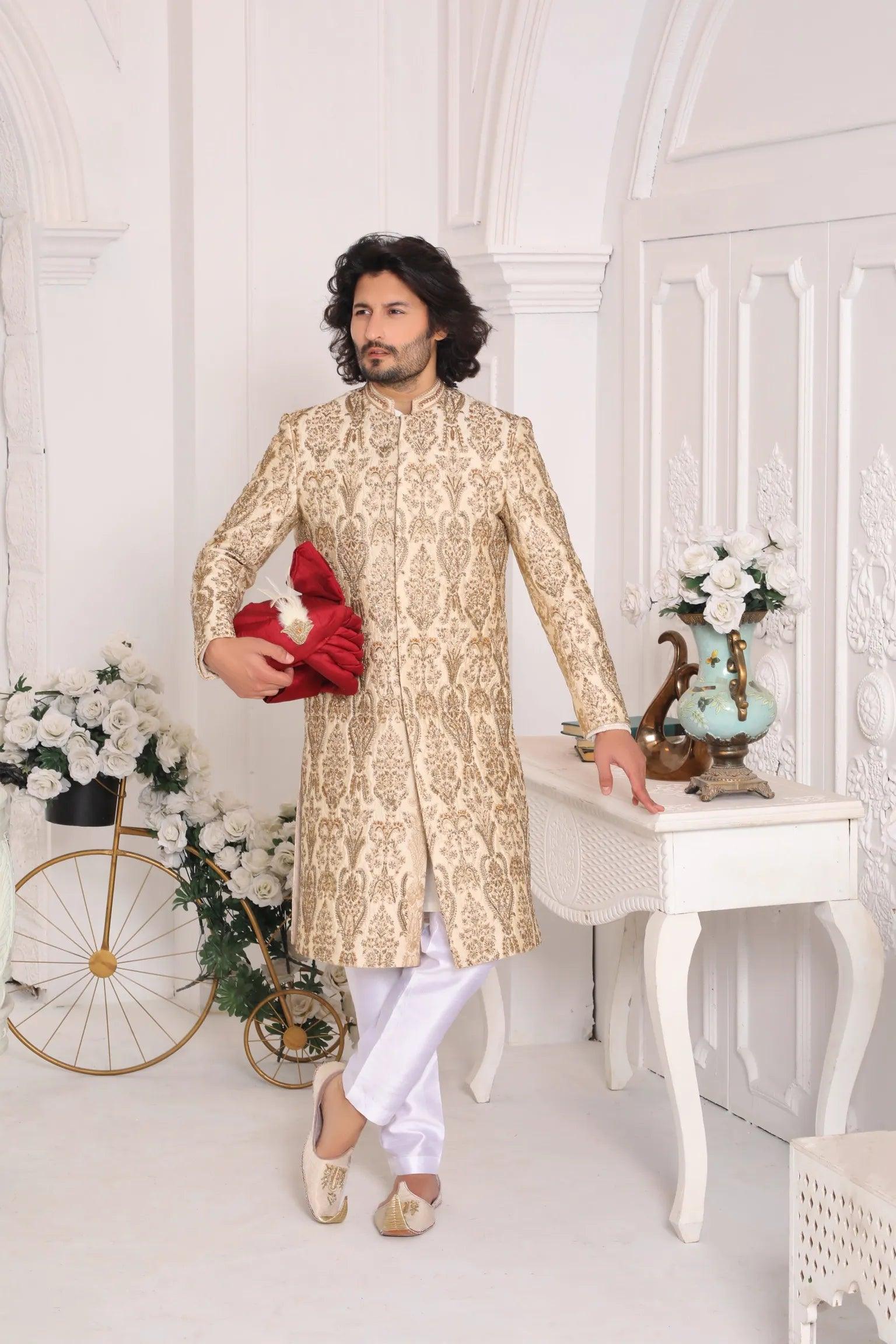 Light Gold Hand-Embroidered Silk-Blend Sherwani (2-Piece) - Image 1