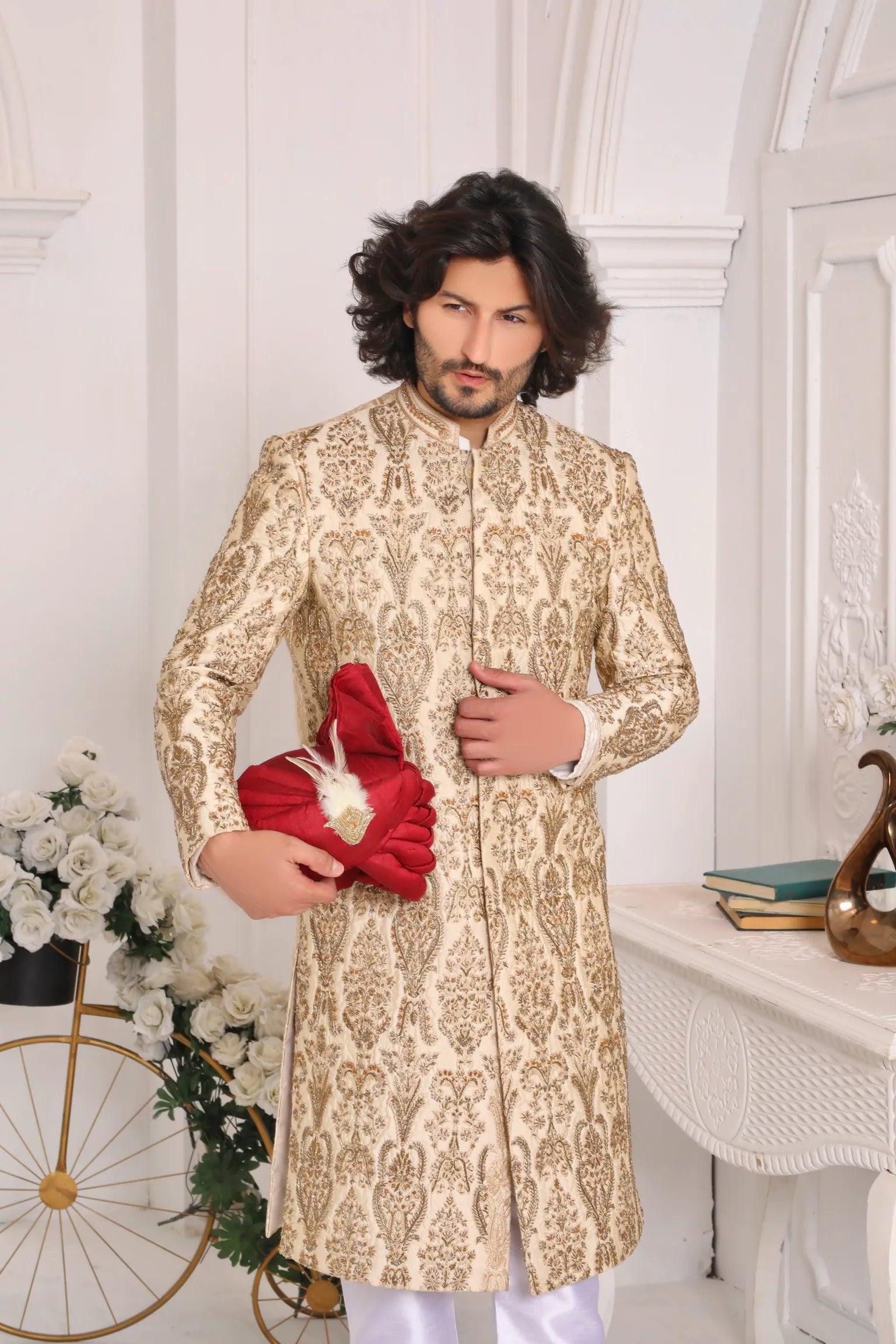 Light Gold Hand-Embroidered Silk-Blend Sherwani (2-Piece) - Image 2
