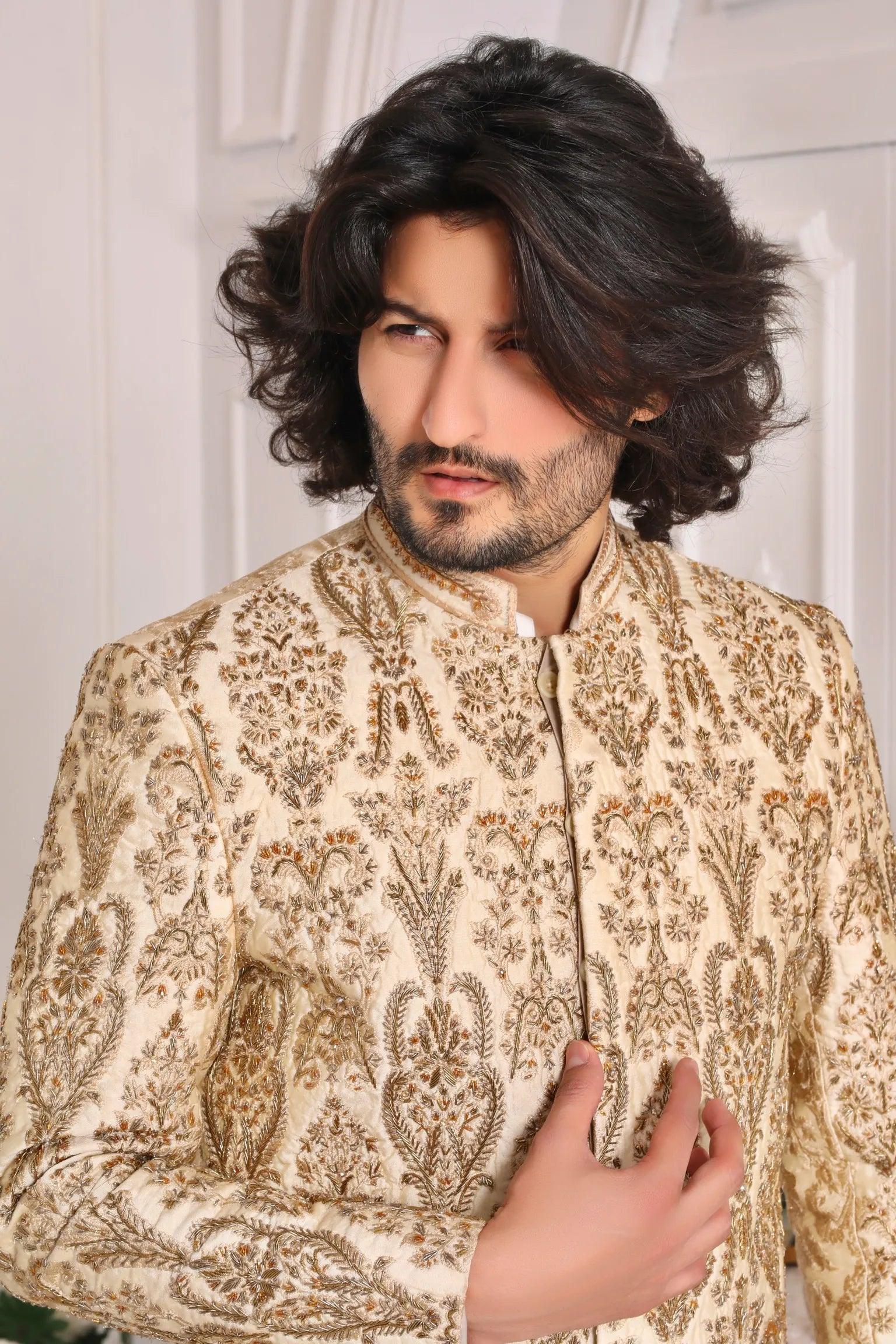 Light Gold Hand-Embroidered Silk-Blend Sherwani (2-Piece) - Image 3