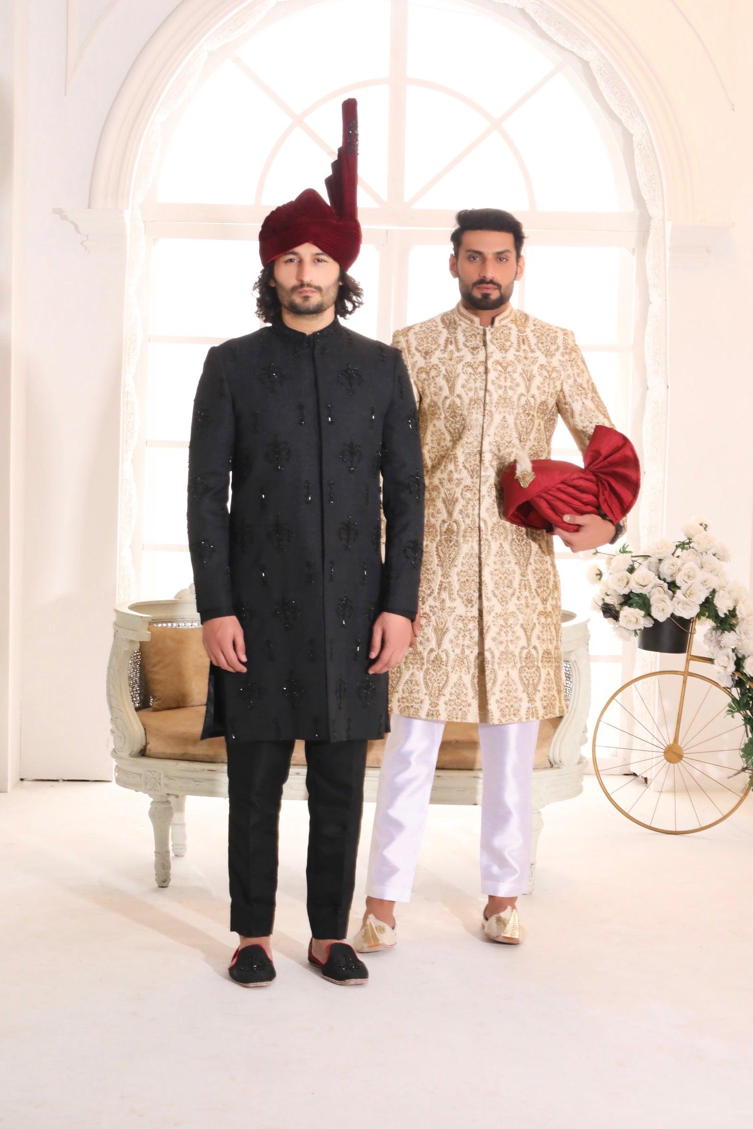 Light Gold Hand-Embroidered Silk-Blend Sherwani (2-Piece) - Image 4