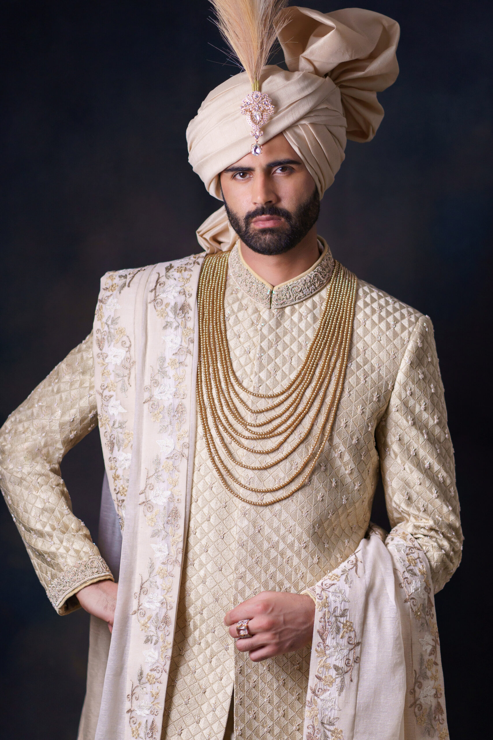 Light Gold Hand-Embroidered Silk-Blend Sherwani (3-Piece) - Image 1