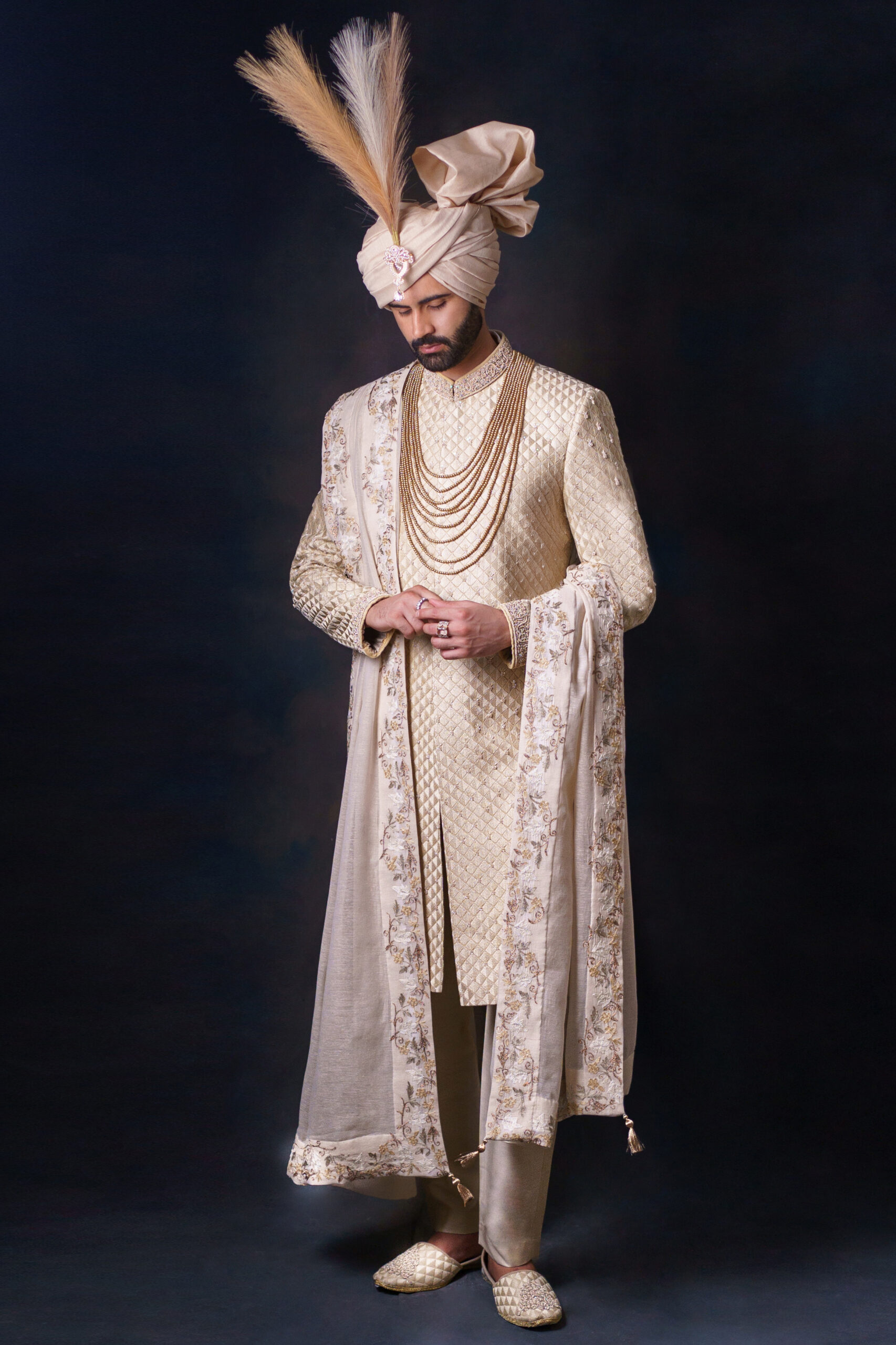 Light Gold Hand-Embroidered Silk-Blend Sherwani (3-Piece) - Image 2