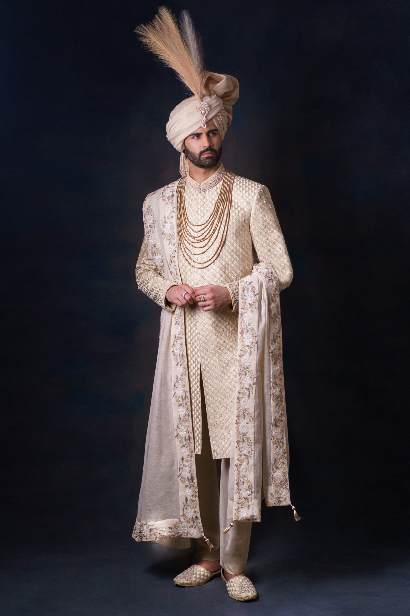 Light Gold Hand-Embroidered Silk-Blend Sherwani (3-Piece) - Image 3
