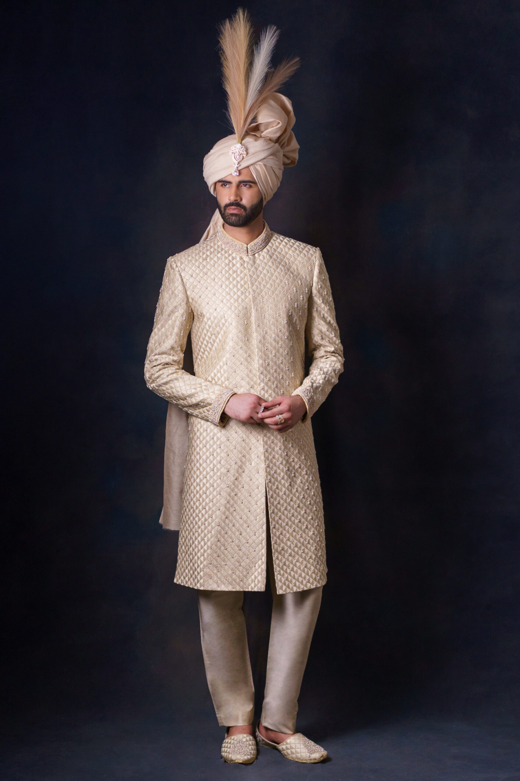 Light Gold Hand-Embroidered Silk-Blend Sherwani (3-Piece) - Image 5