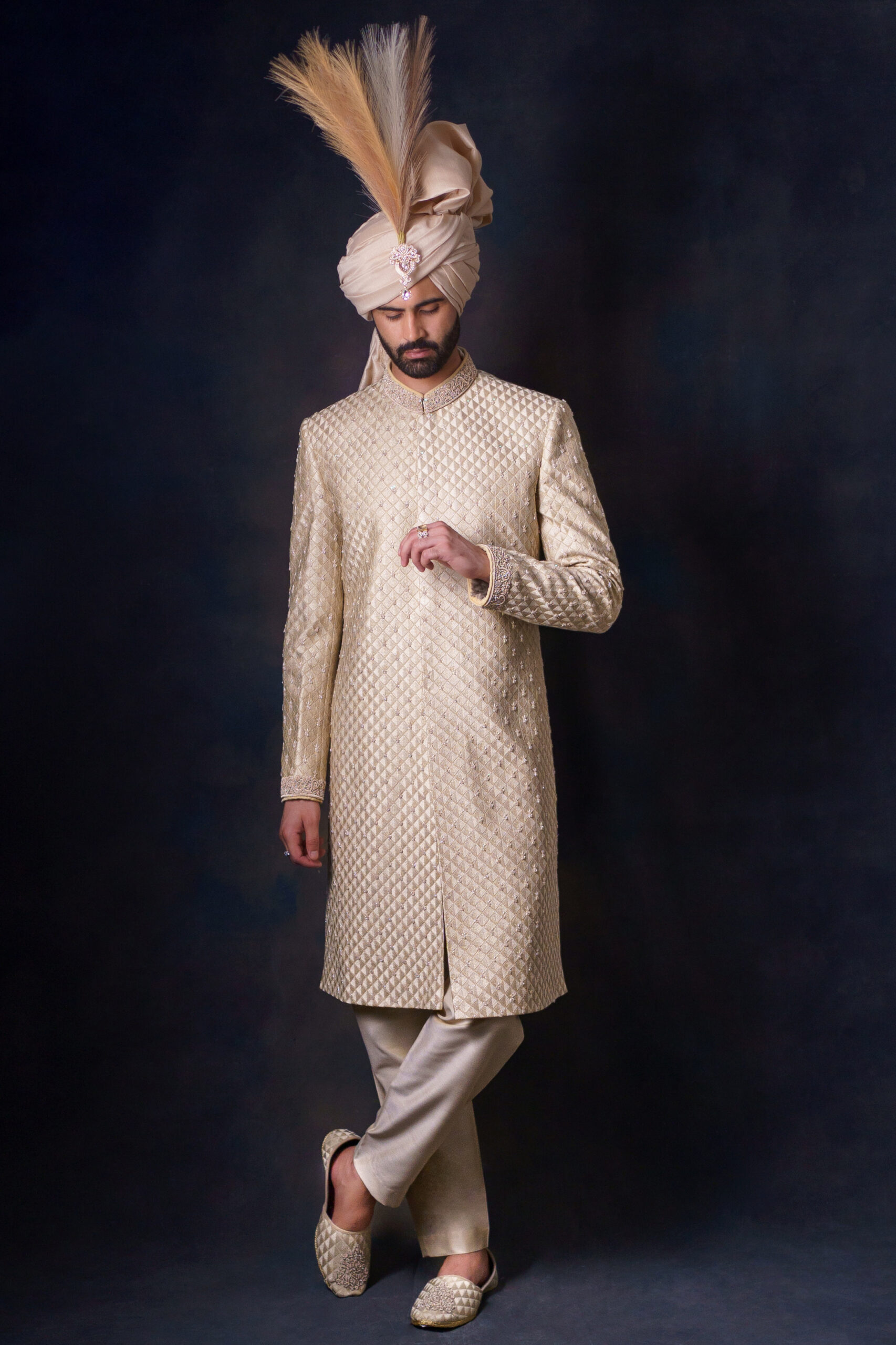 Light Gold Hand-Embroidered Silk-Blend Sherwani (3-Piece) - Image 6