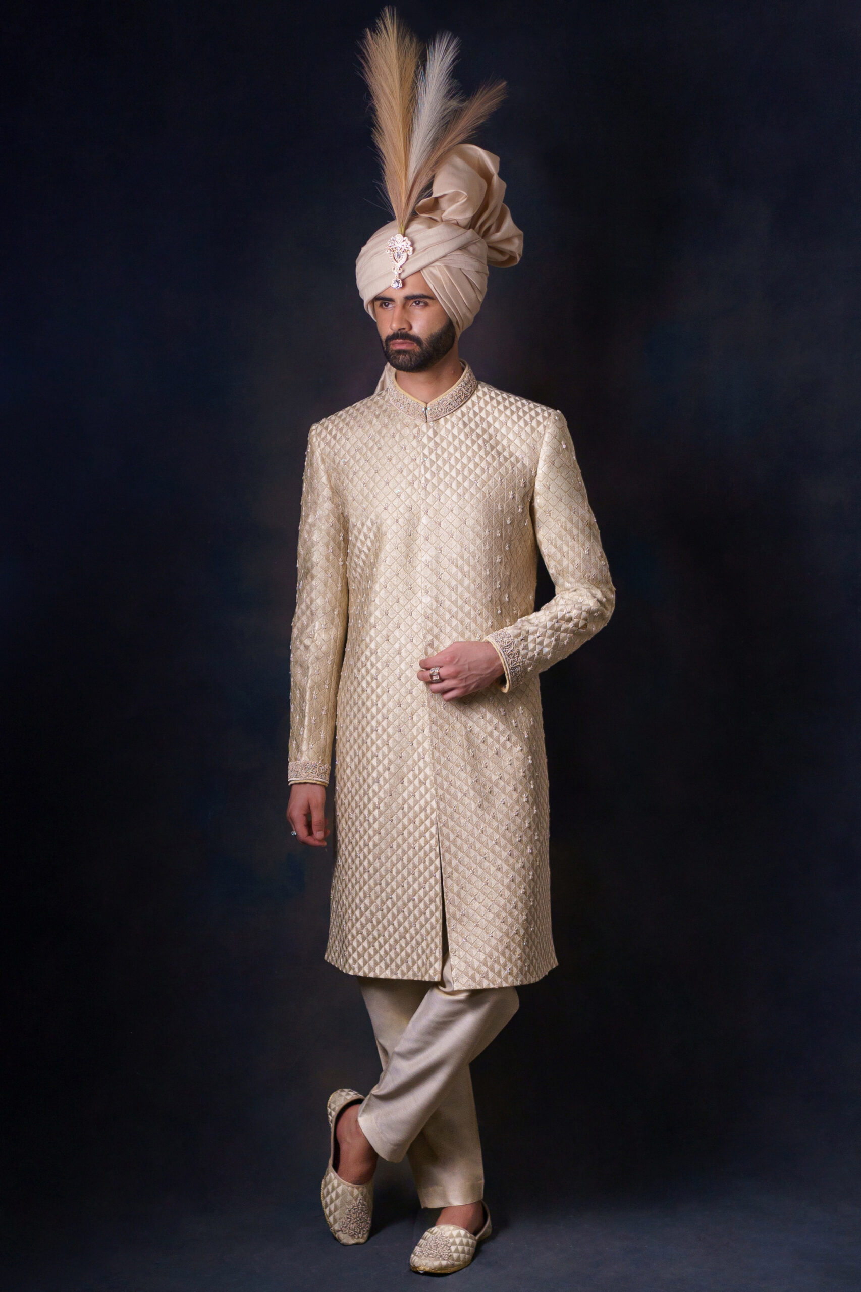 Light Gold Hand-Embroidered Silk-Blend Sherwani (3-Piece) - Image 7