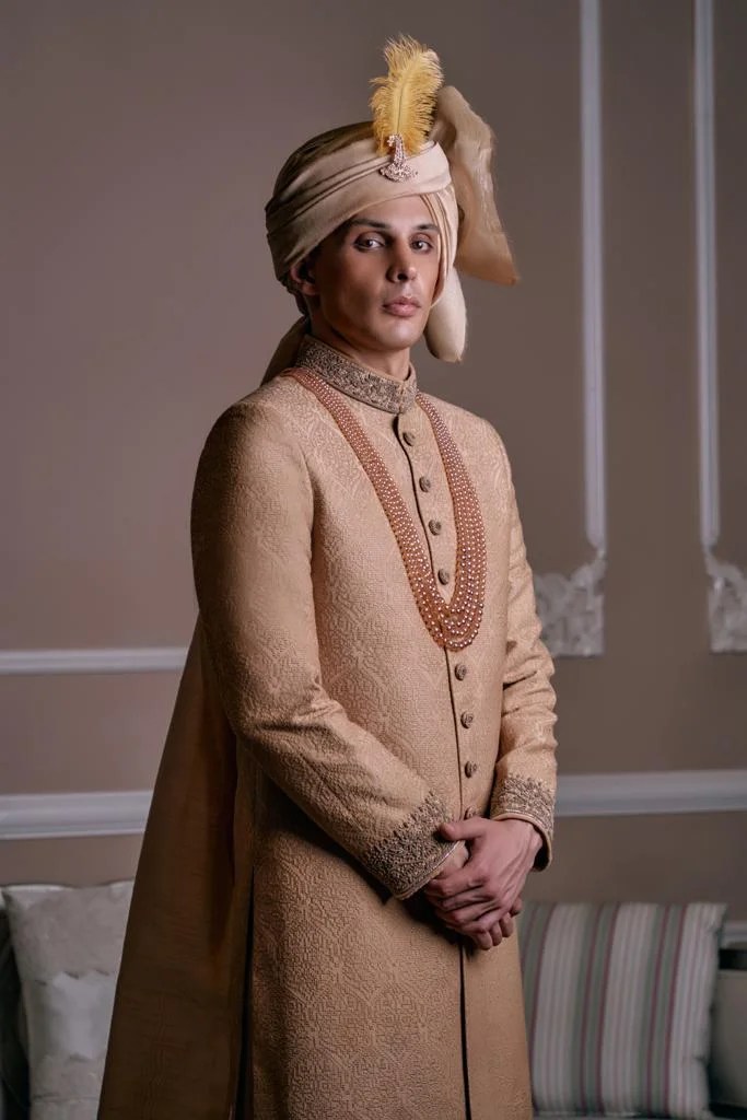 Sepia Gold Embroidered Jacquard Sherwani (2-Piece) - Image 1