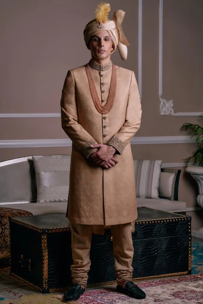 Sepia Gold Embroidered Jacquard Sherwani (2-Piece) - Image 2