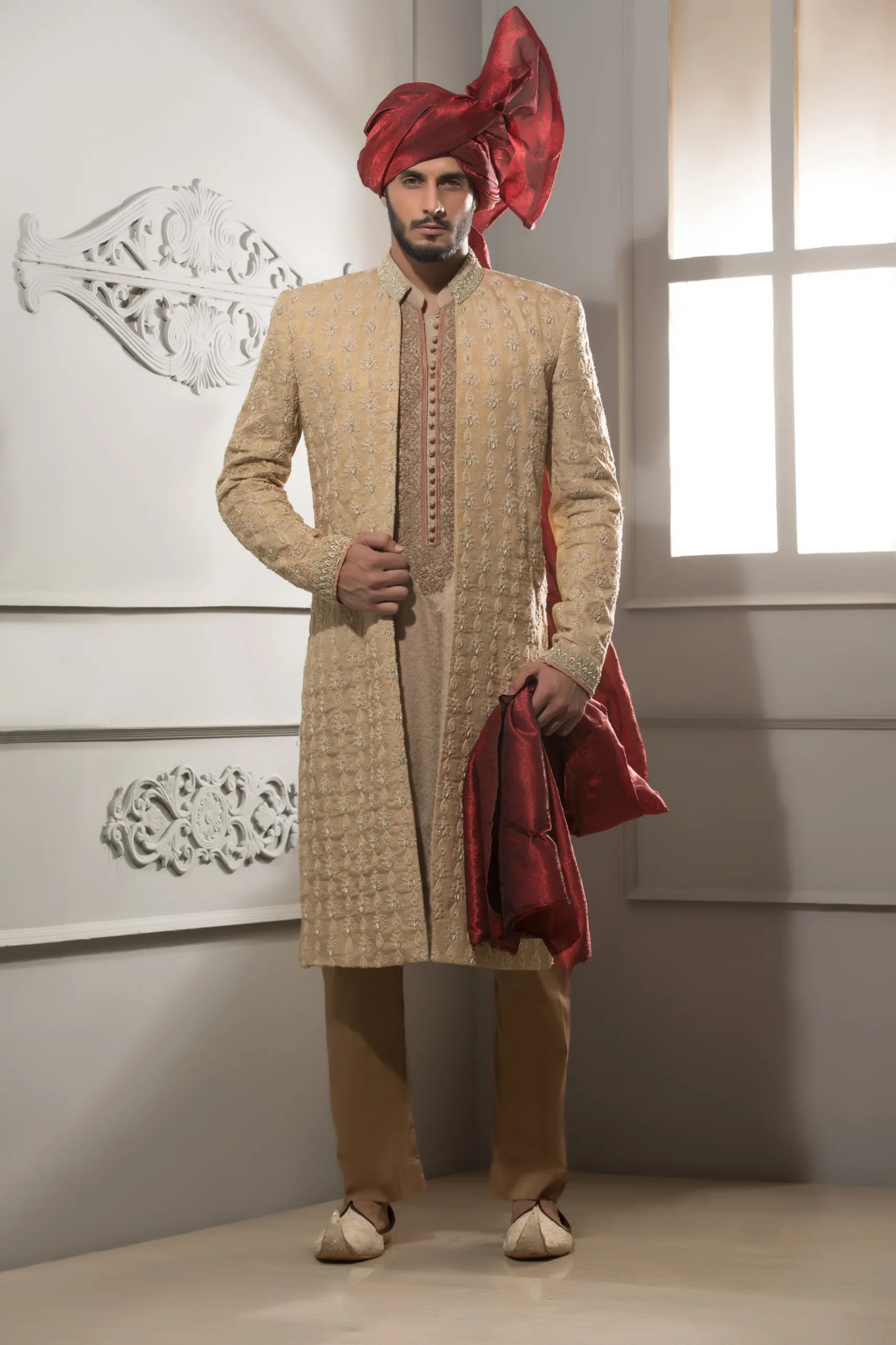 Gold-Tone Embroidered Silk-Blend Sherwani (3-Piece) - Image 1