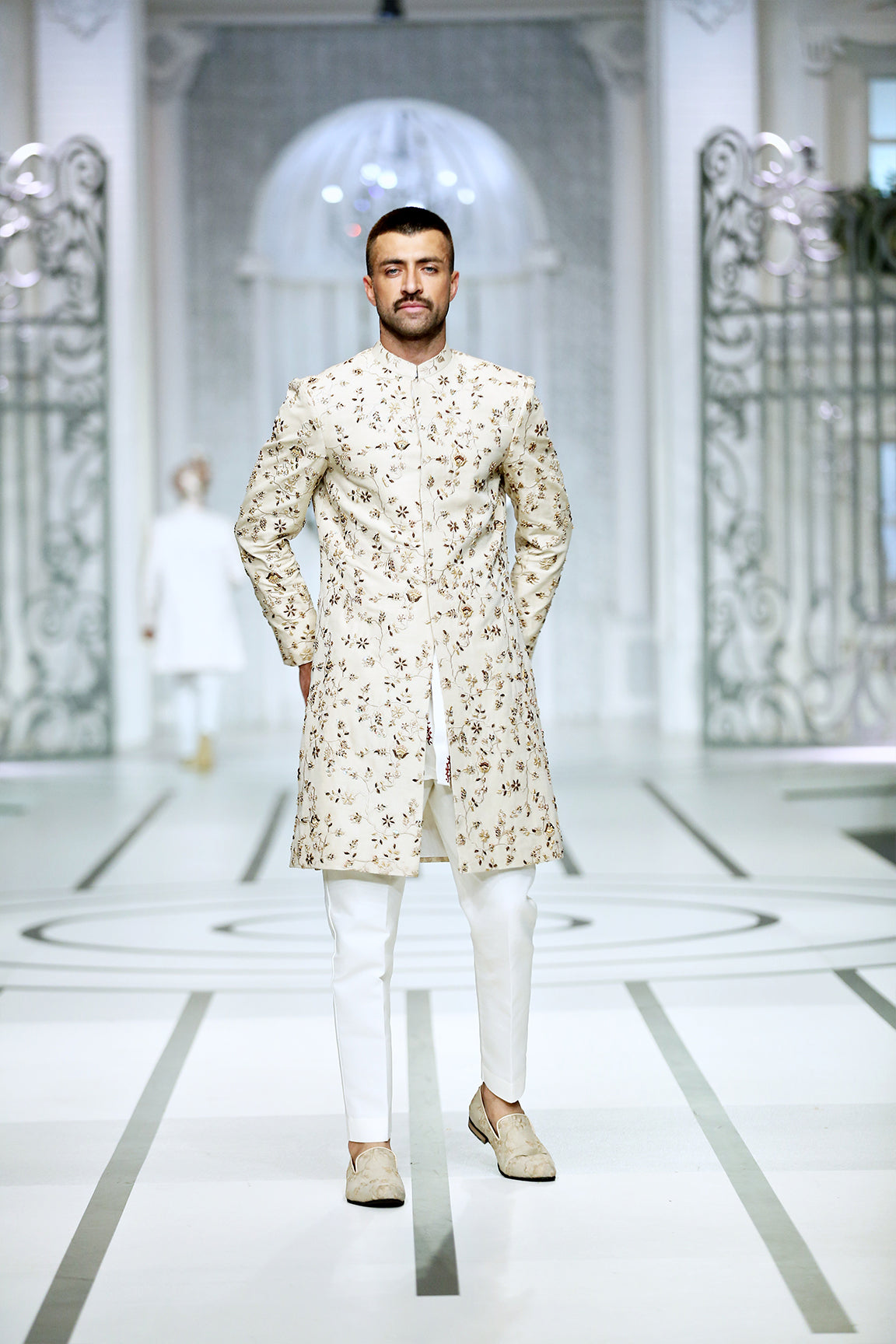 Pure Gold Embroidered Silk-Blend Sherwani (2-Piece) - Image 1