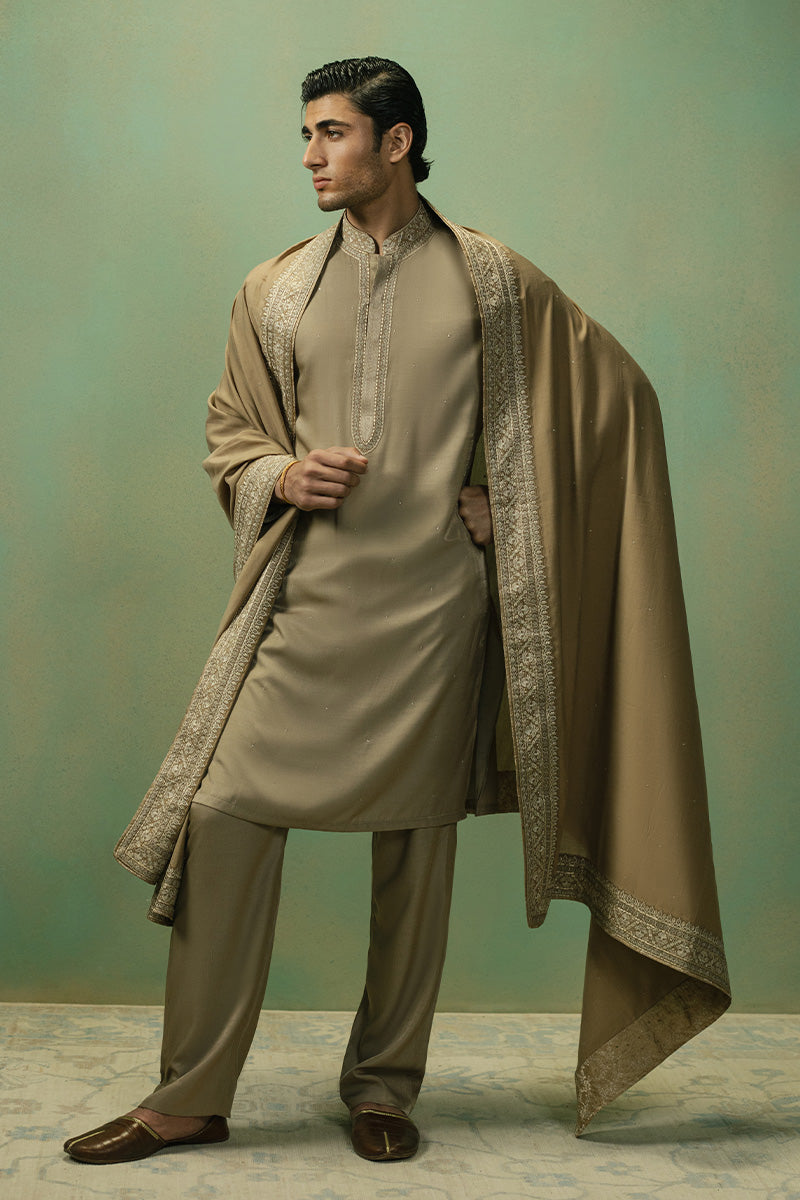 Gold Geometric Embroidered Silk Blend Groom Sherwani (3-Piece) - Image 1