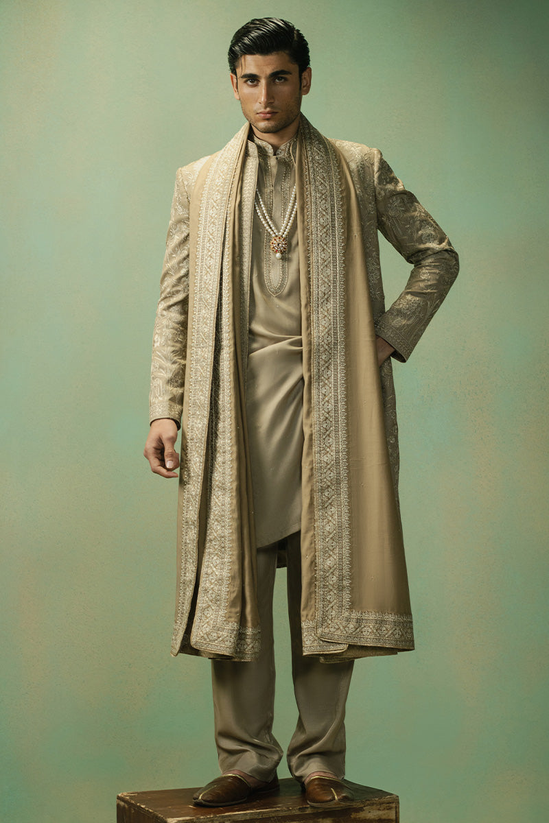 Gold Geometric Embroidered Silk Blend Groom Sherwani (3-Piece) - Image 2