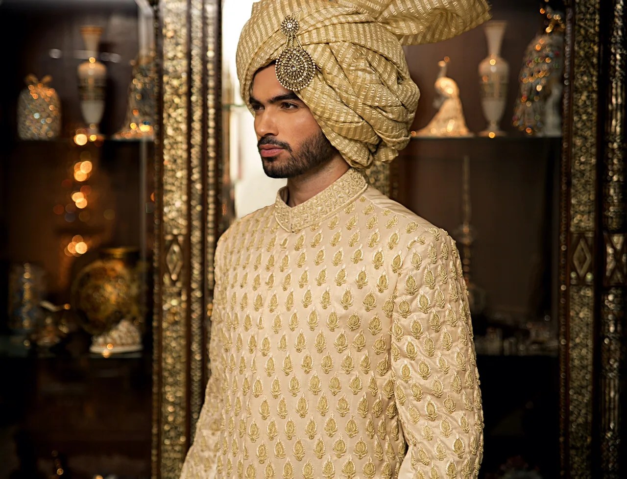 Gold Thread-Embroidered Silk-Blend Sherwani (2-Piece) - Image 1