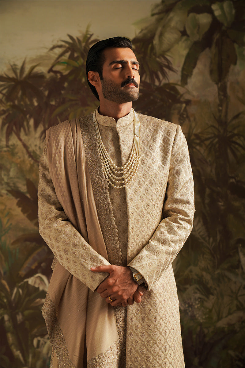 Champagne Gold Tilla Embroidered Silk Blend Groom Sherwani (3-Piece) - Image 1