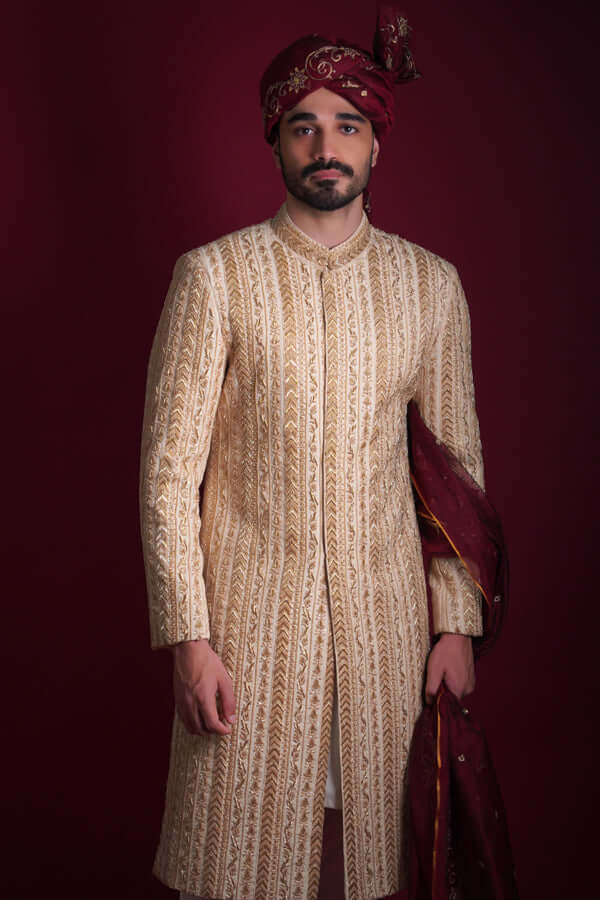 Gold Zardozi Embellished Silk-Blend Sherwani (3-Piece) - Image 1