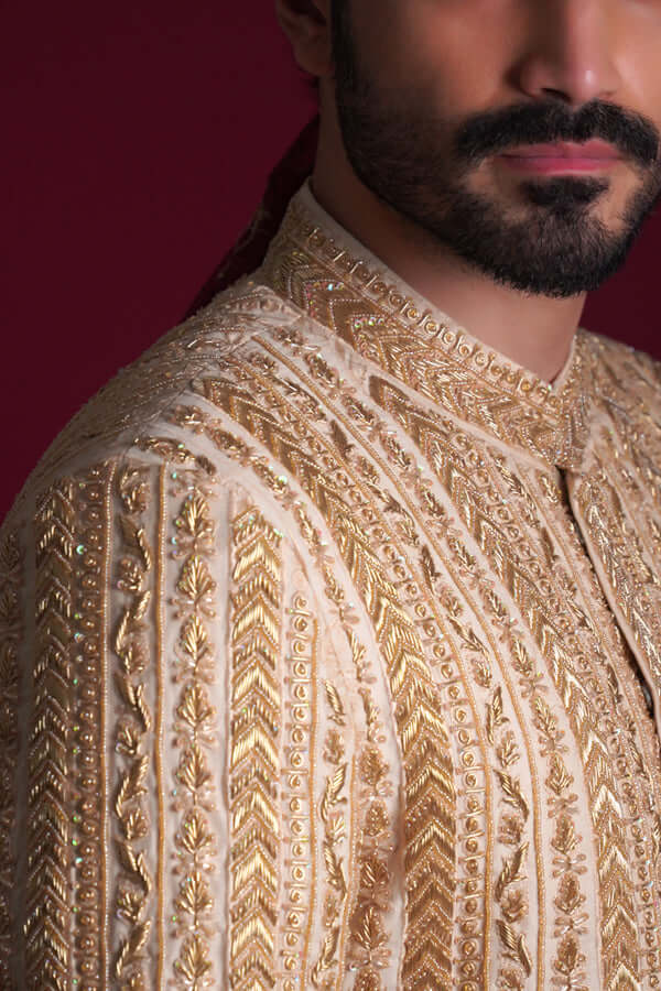 Gold Zardozi Embellished Silk-Blend Sherwani (3-Piece) - Image 2