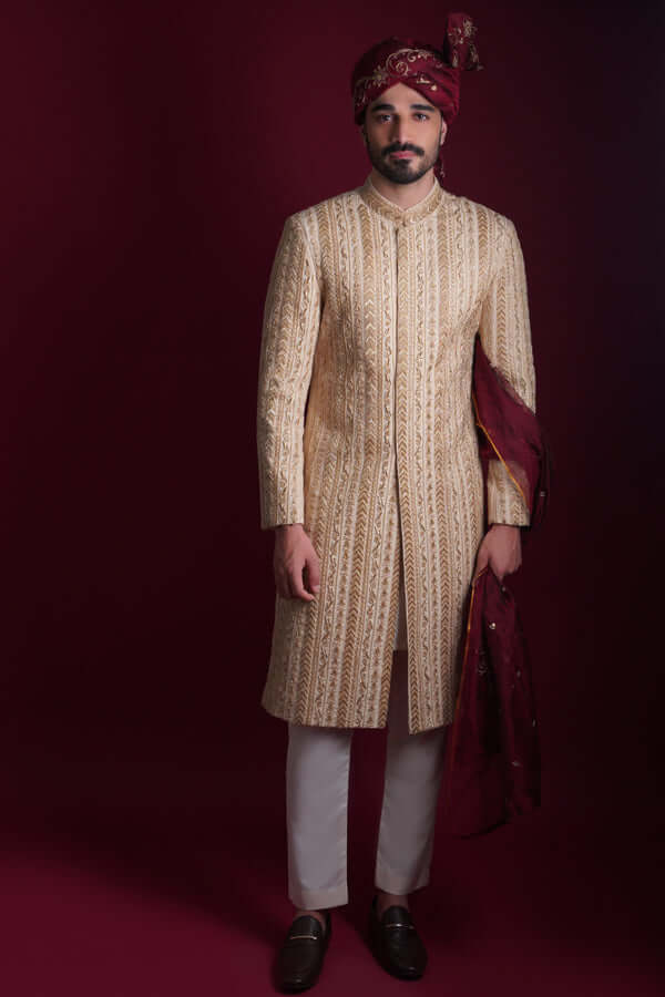 Gold Zardozi Embellished Silk-Blend Sherwani (3-Piece) - Image 3