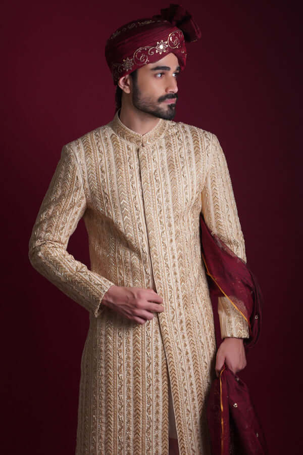 Gold Zardozi Embellished Silk-Blend Sherwani (3-Piece) - Image 5