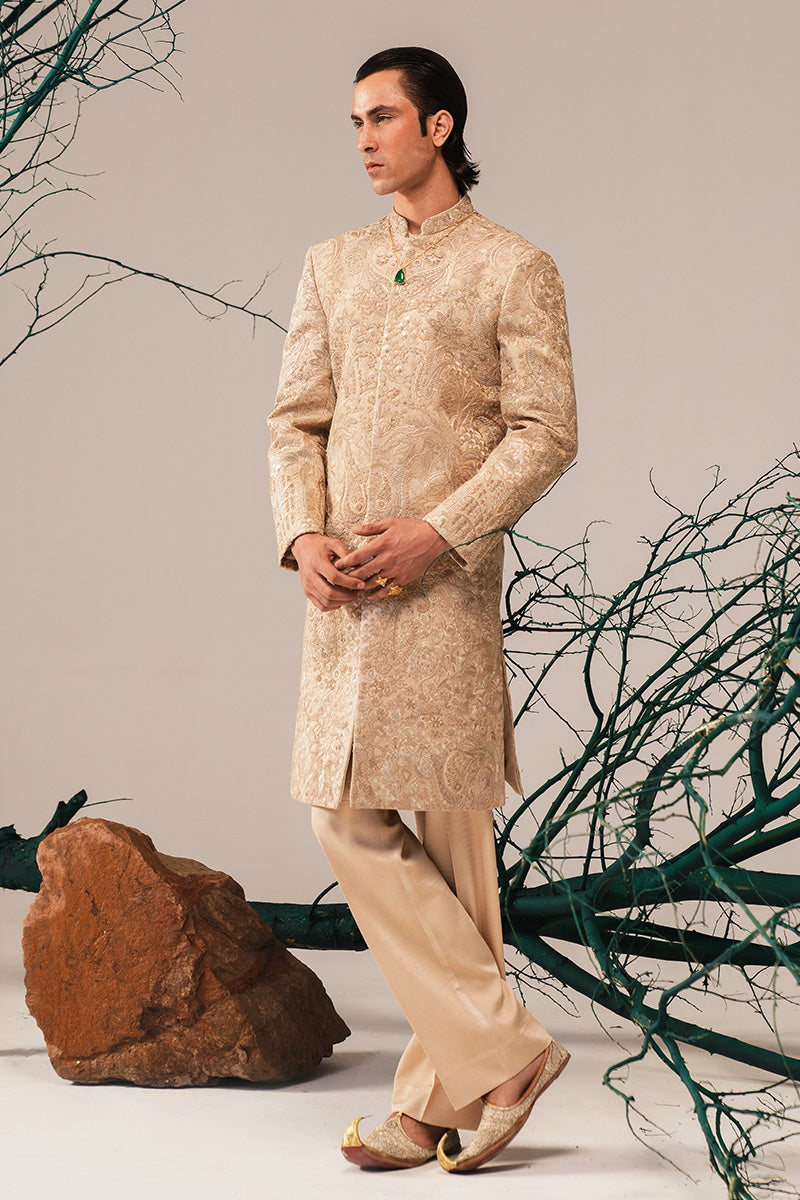 Gold Zardozi Hand-Embroidered Silk-Blend Sherwani (2-Piece) - Image 4