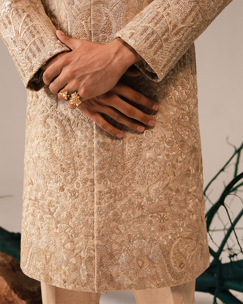 Gold Zardozi Hand-Embroidered Silk-Blend Sherwani (2-Piece) - Image 6