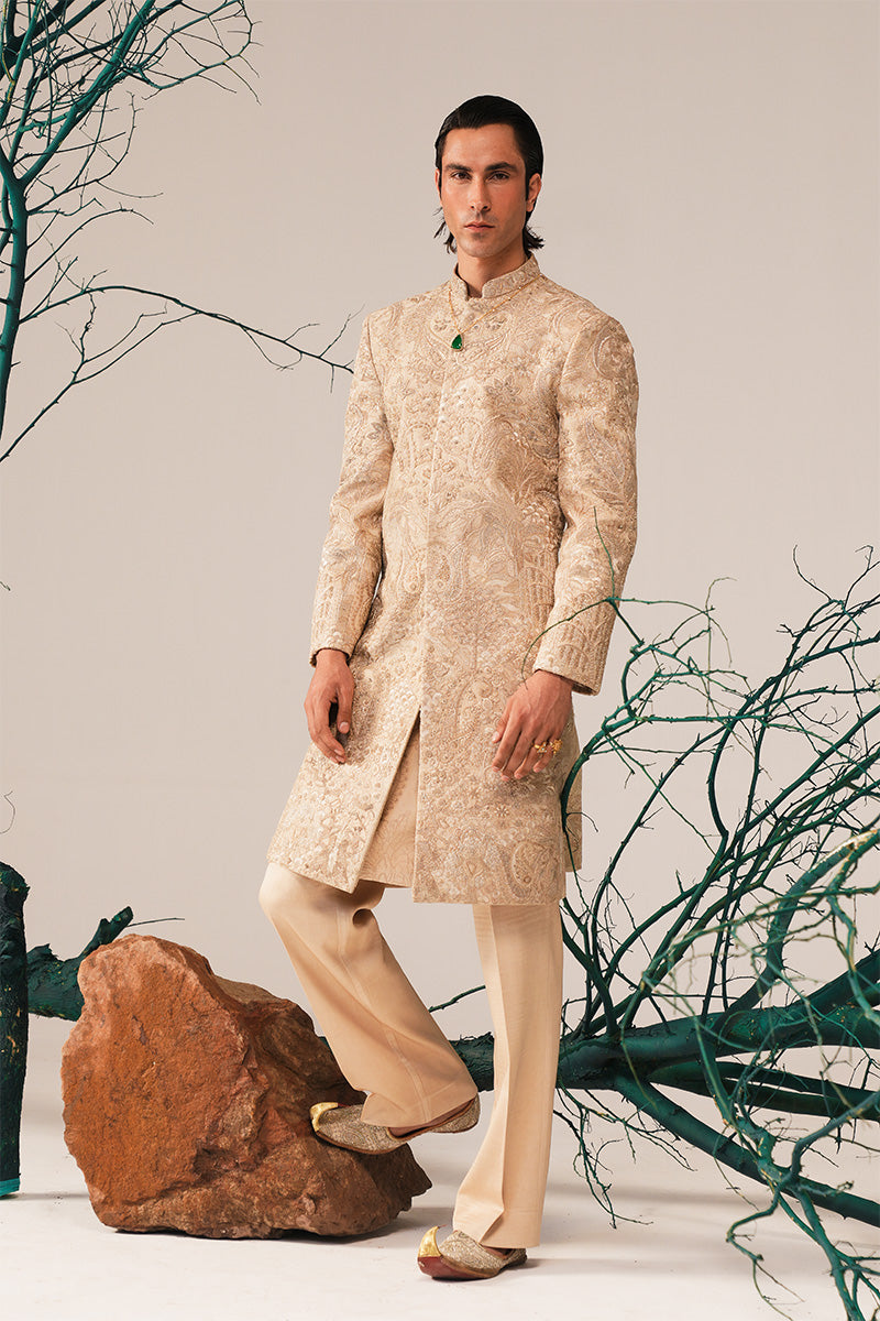 Gold Hand-Embroidered Silk-Blend Sherwani (2-Piece) - Image 1
