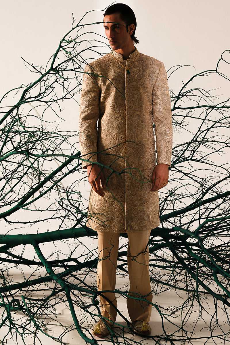 Gold Hand-Embroidered Silk-Blend Sherwani (2-Piece) - Image 10