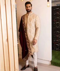 Skin Gold Embroidered Silk-Blend Groom Sherwani (3-Piece) - Image 2