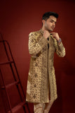 Golden Silk Sherwani with Copper Dapka Embroidery (3-Piece) - Image 3