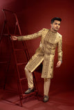 Golden Silk Sherwani with Copper Dapka Embroidery (3-Piece) - Image 4