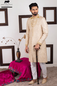 Gold Embroidered Silk Groom Sherwani (2-Piece) - Image 1
