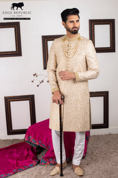 Gold Embroidered Silk Groom Sherwani (2-Piece) - Image 3