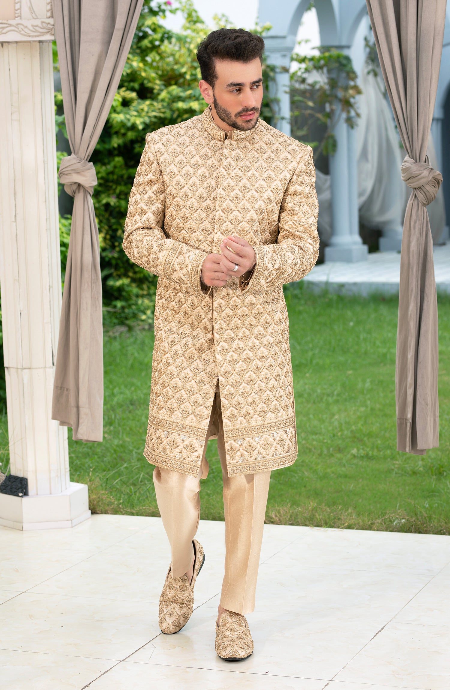 Amber Golden Embroidered Silk Sherwani (3-Piece) - Image 1
