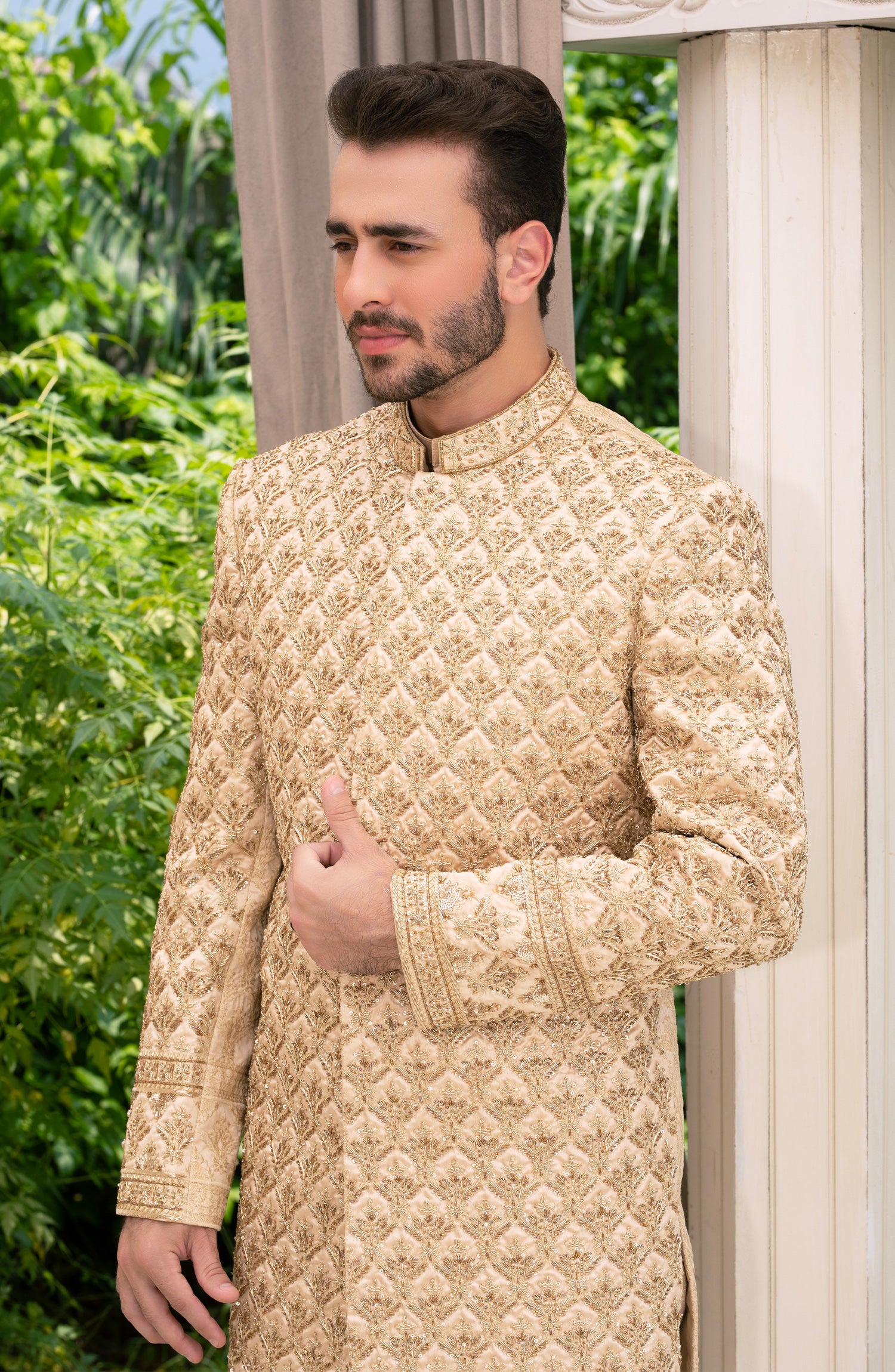 Amber Golden Embroidered Silk Sherwani (3-Piece) - Image 2