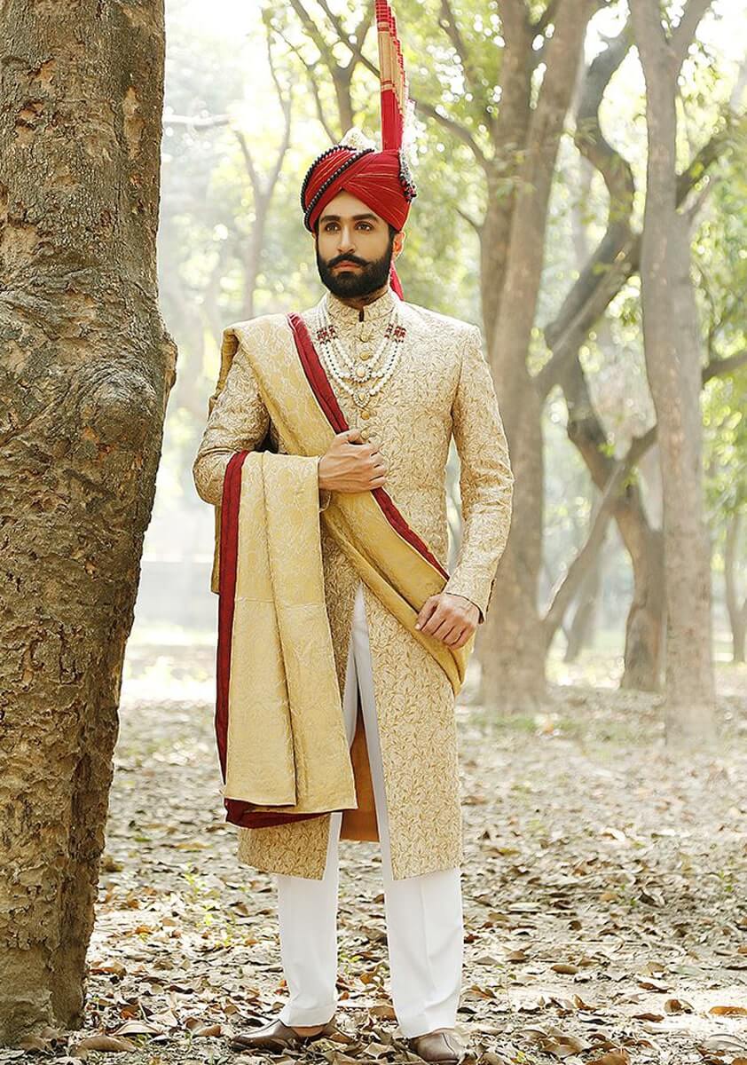 Beige Gold Embroidered Silk Sherwani (3-Piece) - Image 1