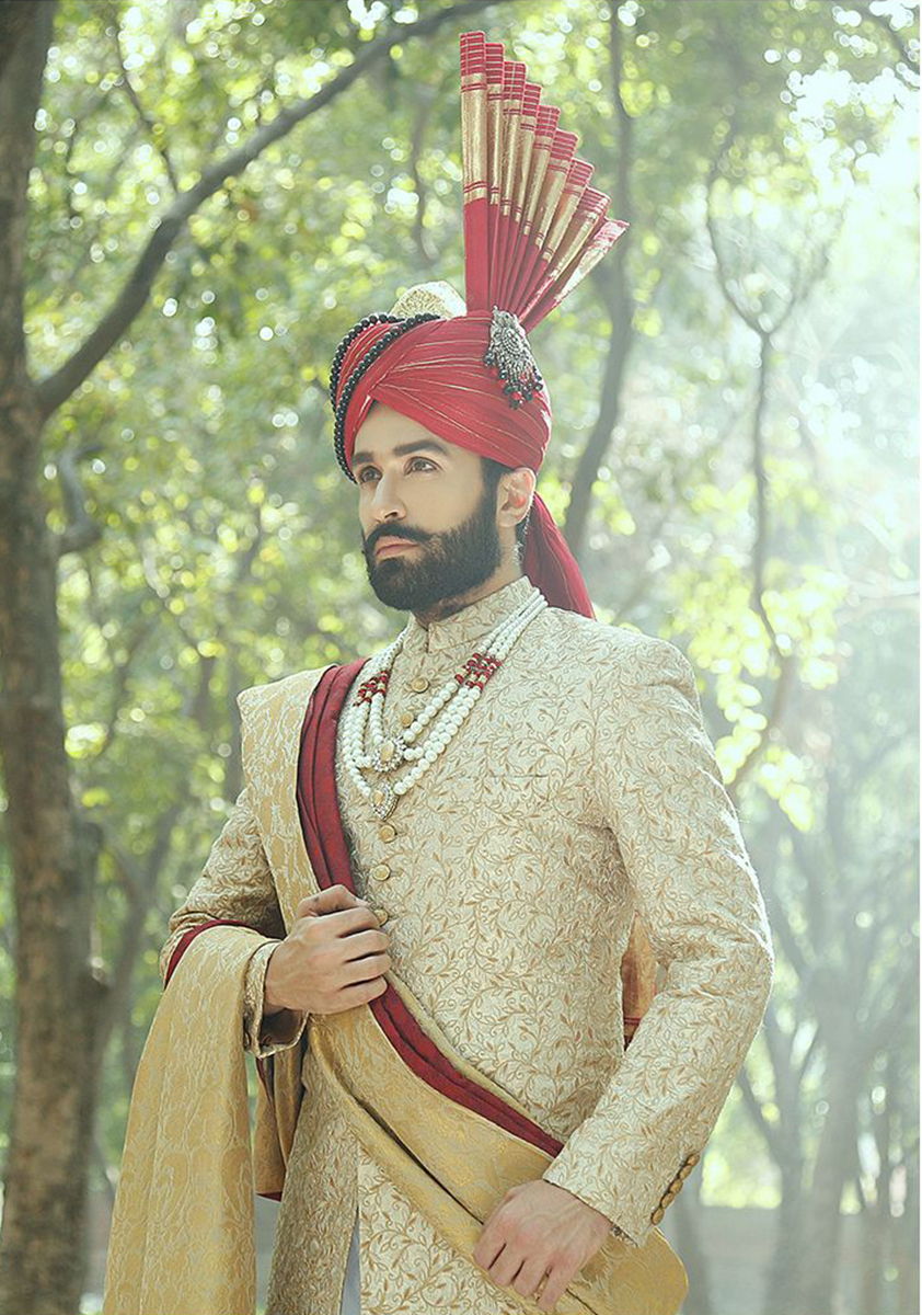 Beige Gold Embroidered Silk Sherwani (3-Piece) - Image 2