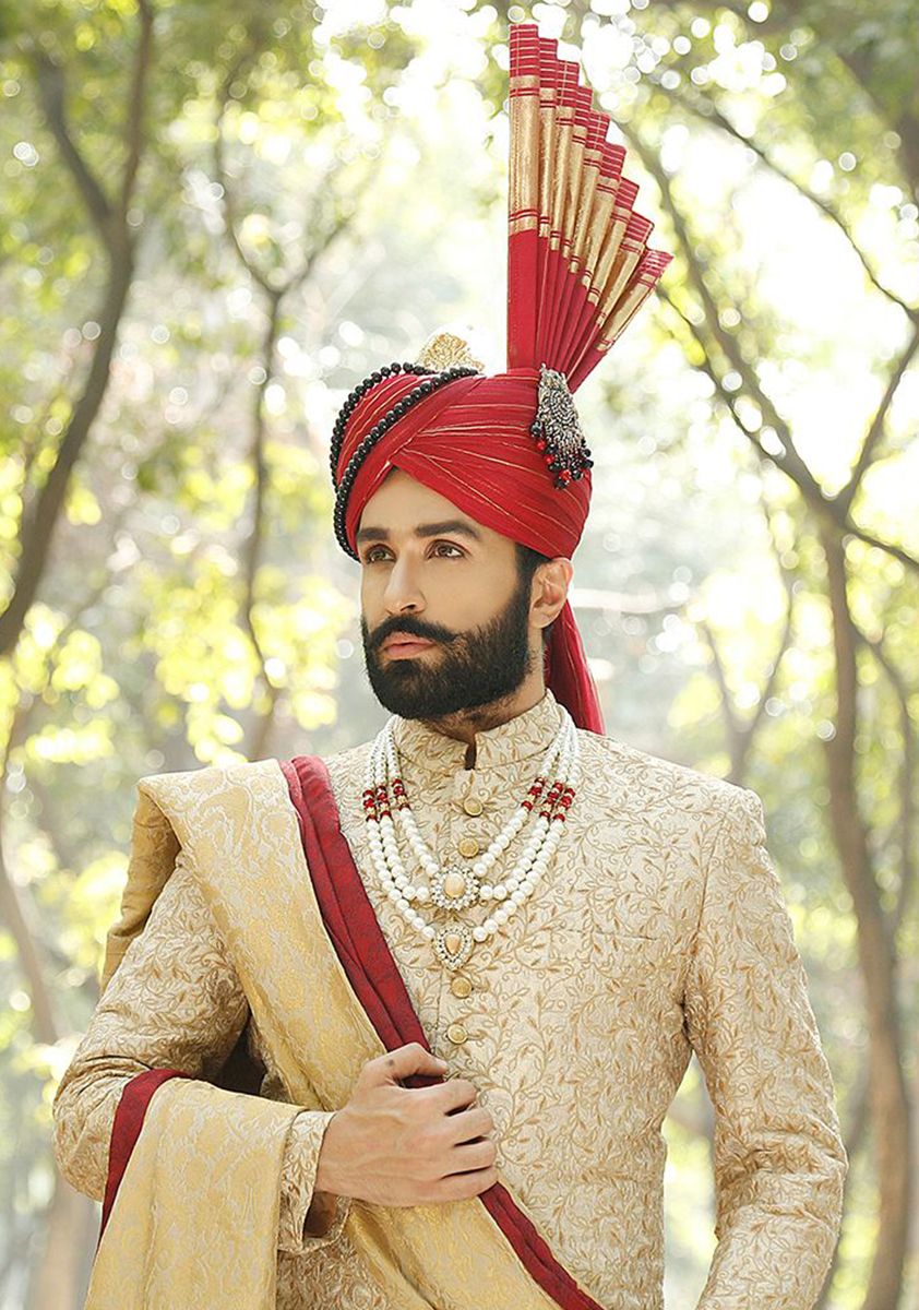 Beige Gold Embroidered Silk Sherwani (3-Piece) - Image 3