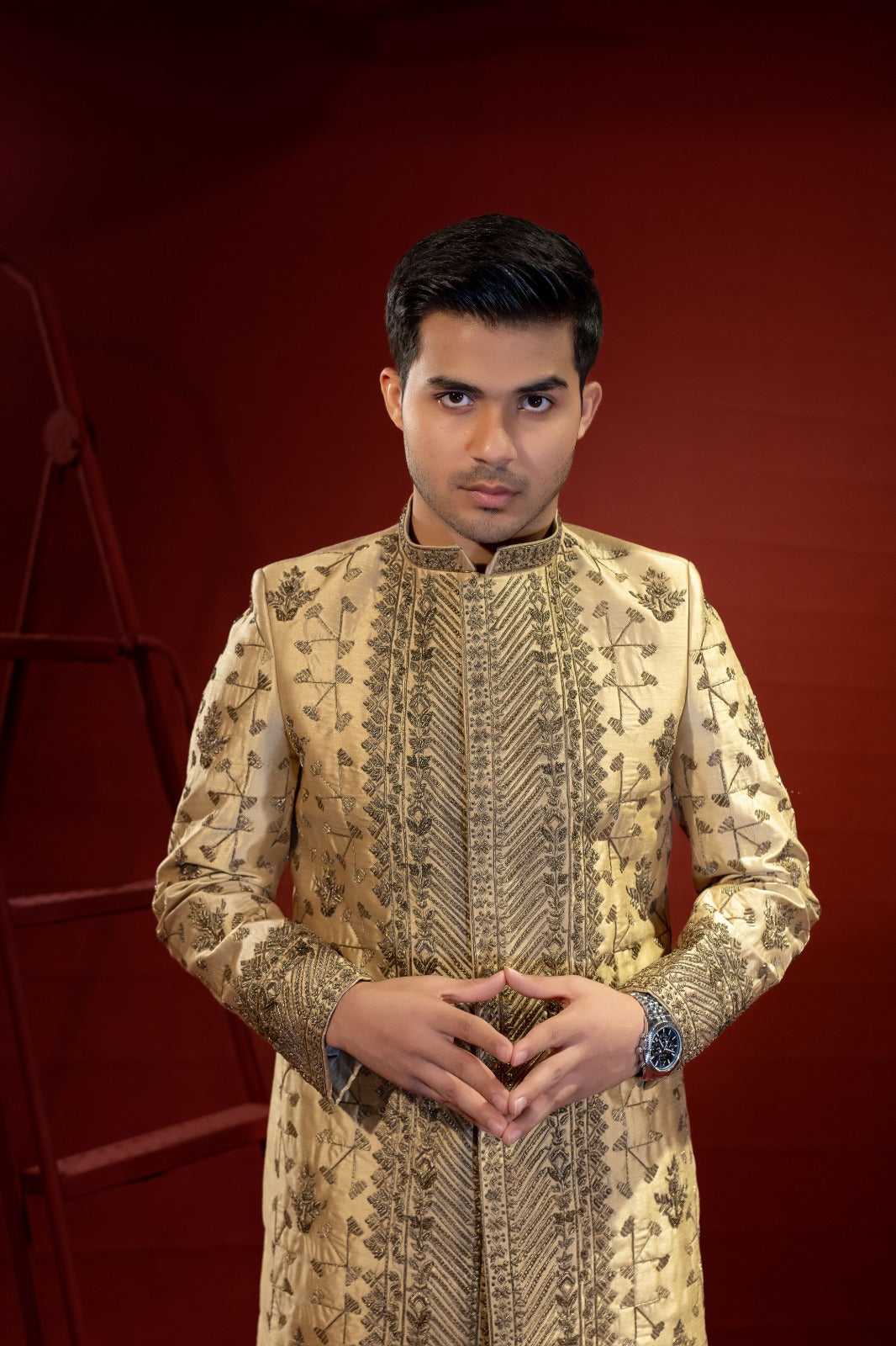 Golden Copper Dapka Embroidered Silk Sherwani (3-Piece) - Image 5