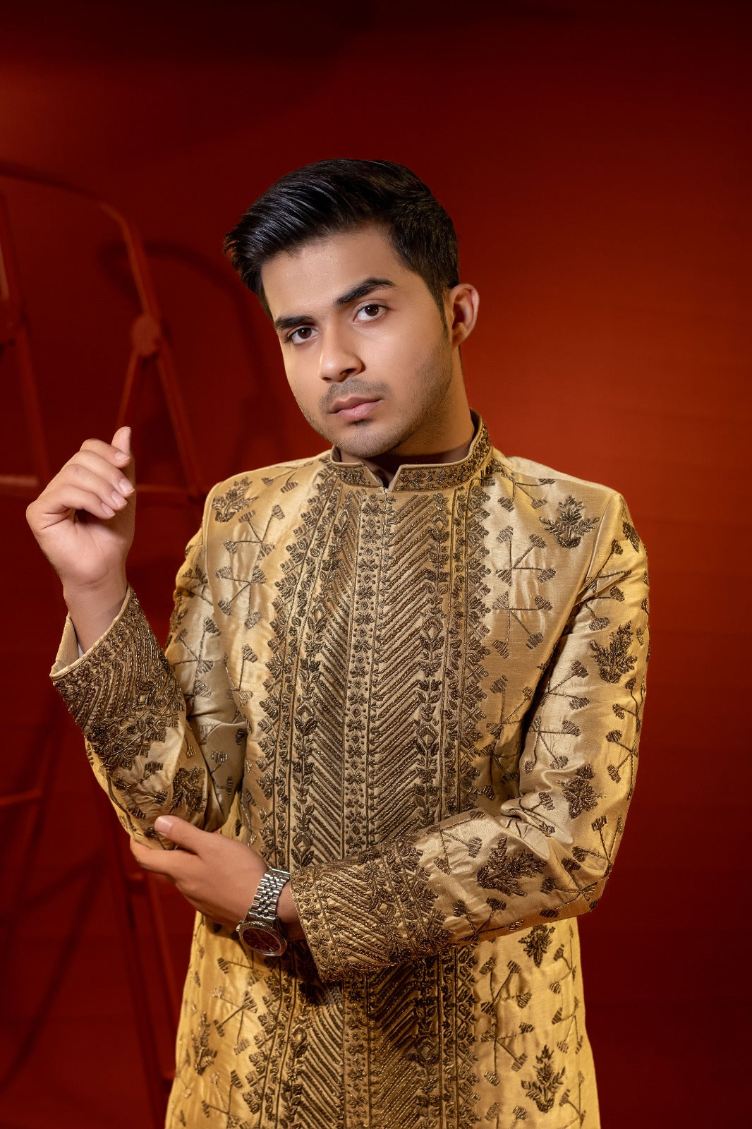 Golden Copper Dapka Embroidered Silk Sherwani (3-Piece) - Image 6