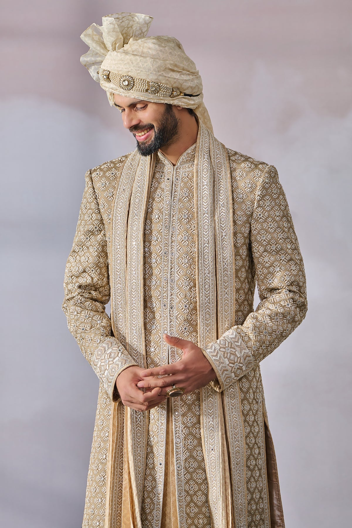 Gold Phulkari-Embroidered Silk Georgette Sherwani (5-Piece) - Image 3