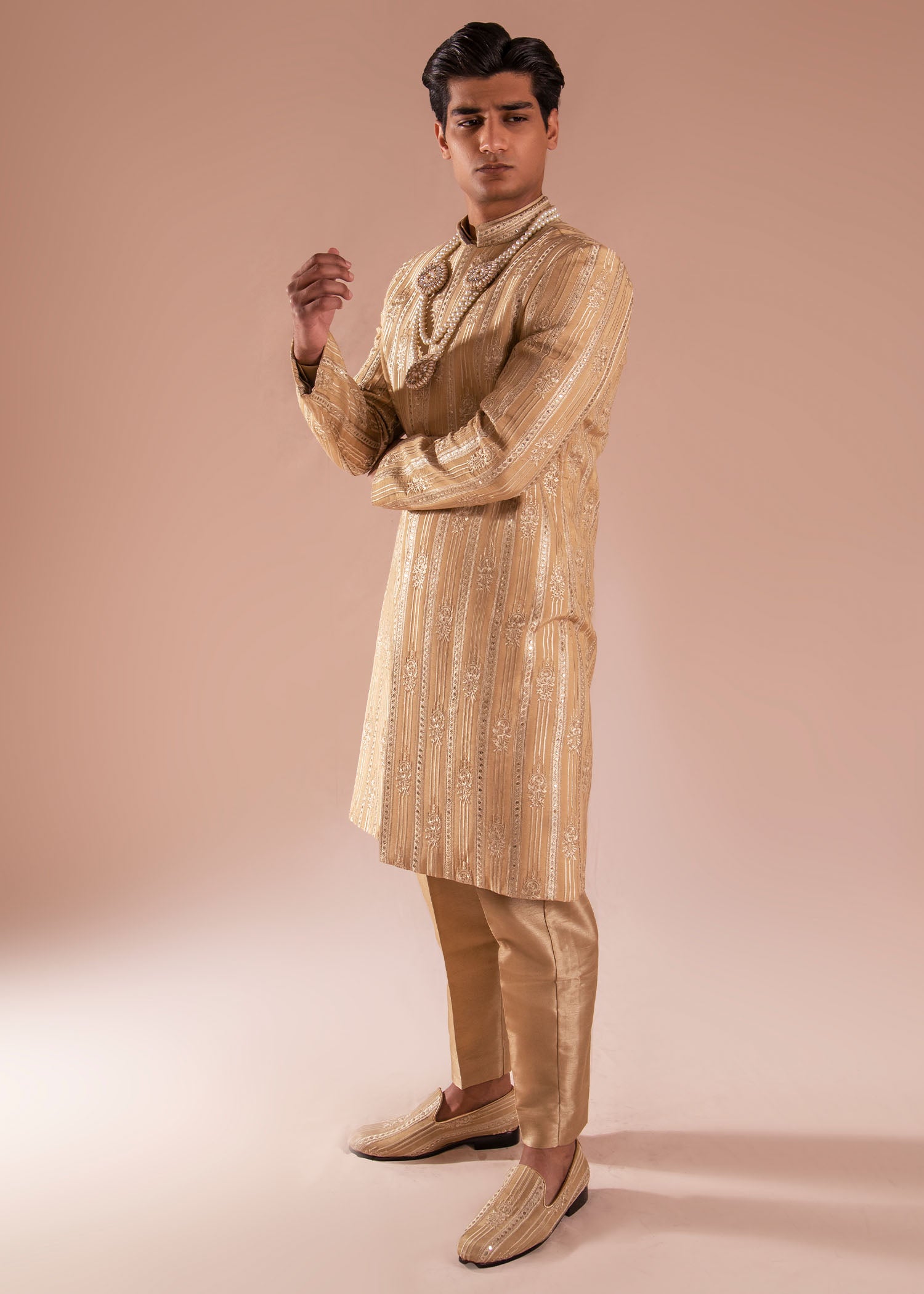 Golden Hand Embroidered Silk Sherwani (3-Piece) - Image 3