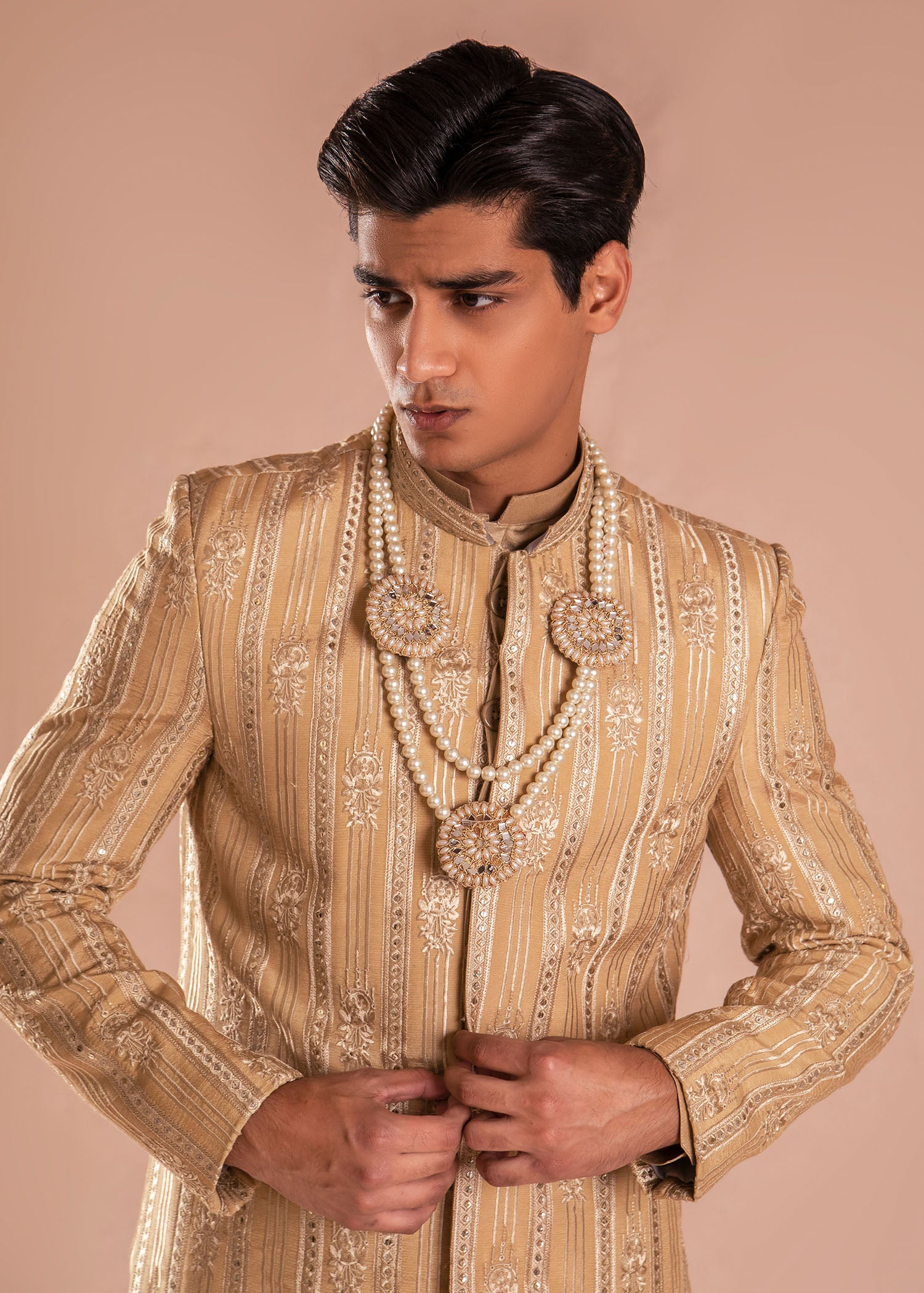 Golden Hand Embroidered Silk Sherwani (3-Piece) - Image 4