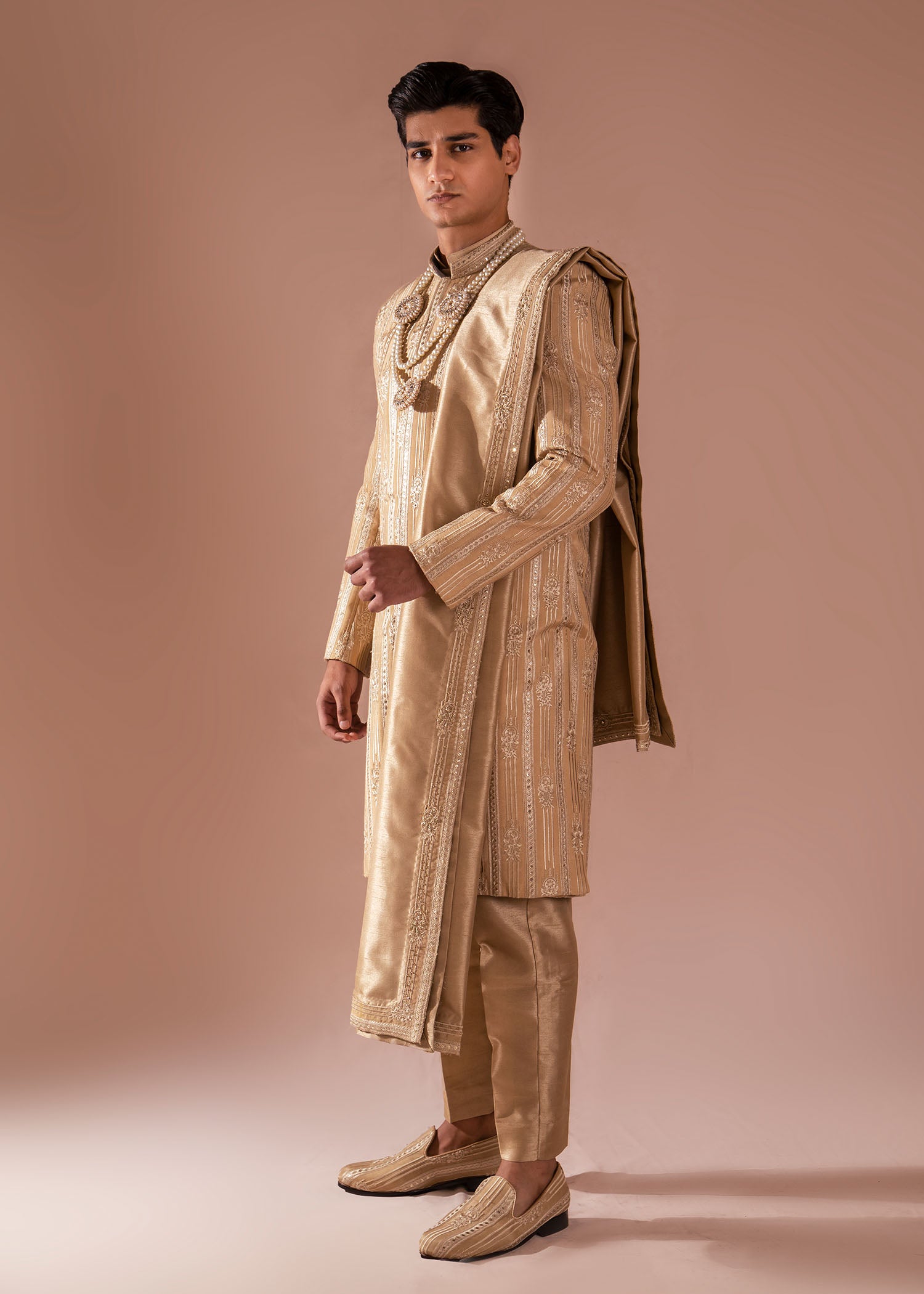 Golden Embroidered Silk Sherwani (3-Piece) - Image 2