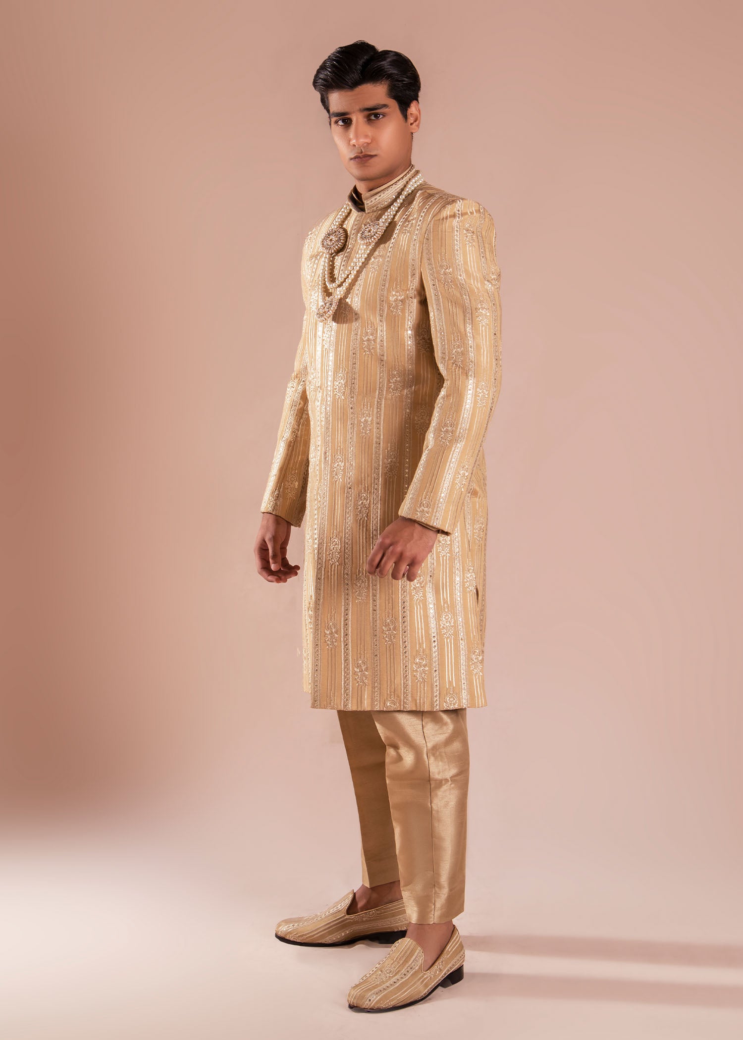 Golden Embroidered Silk Sherwani (3-Piece) - Image 5