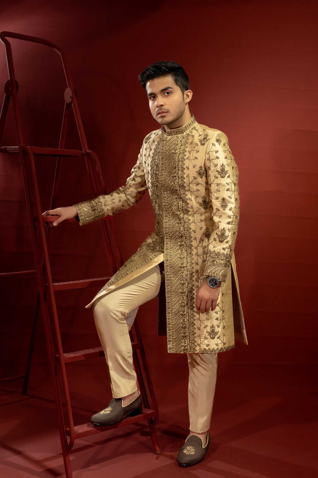 Gold Silk Sherwani with Copper Dapka Embroidery (3-Piece) - Image 1