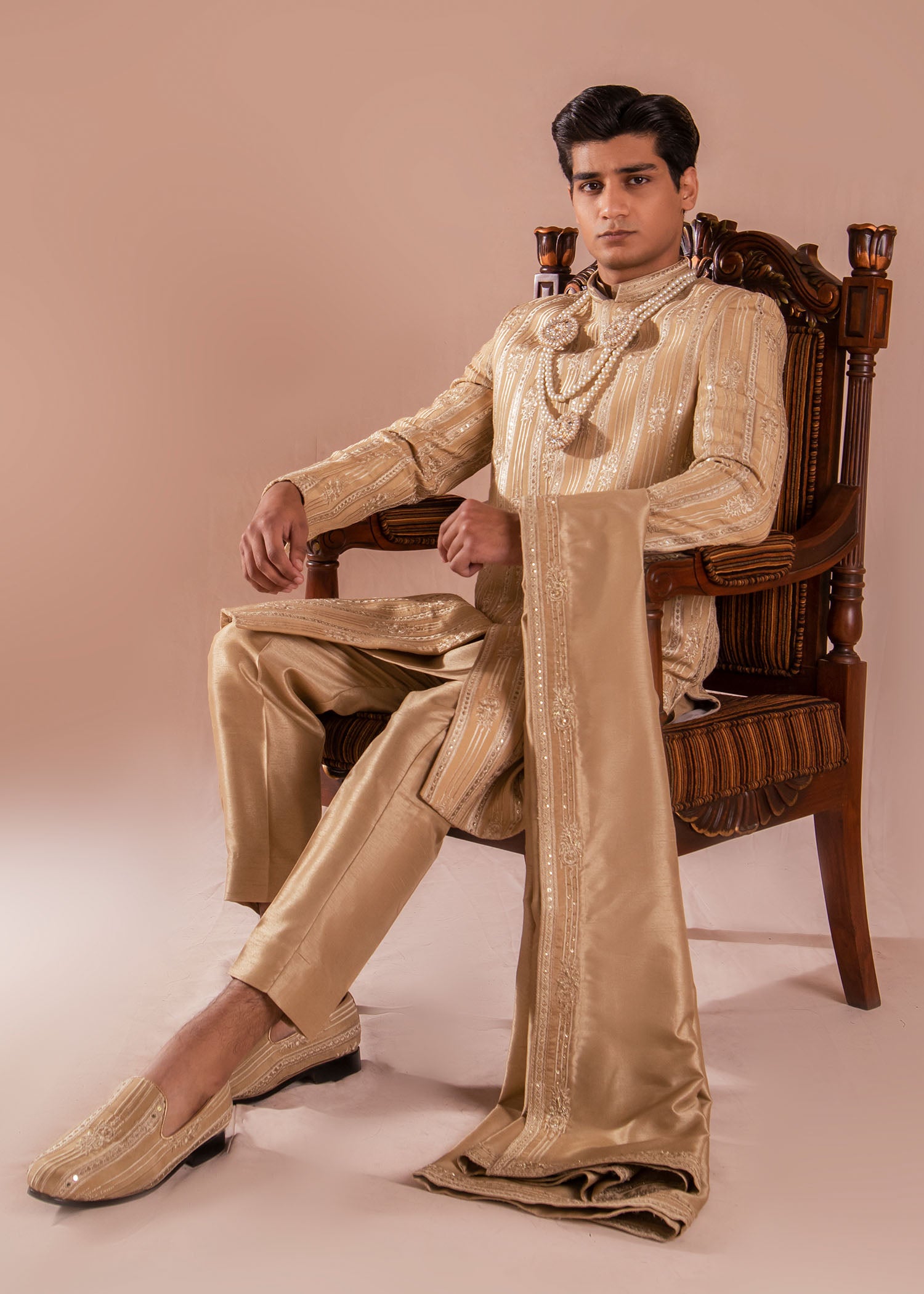 Golden Hand Embroidered Silk Sherwani (3-Piece) - Image 1