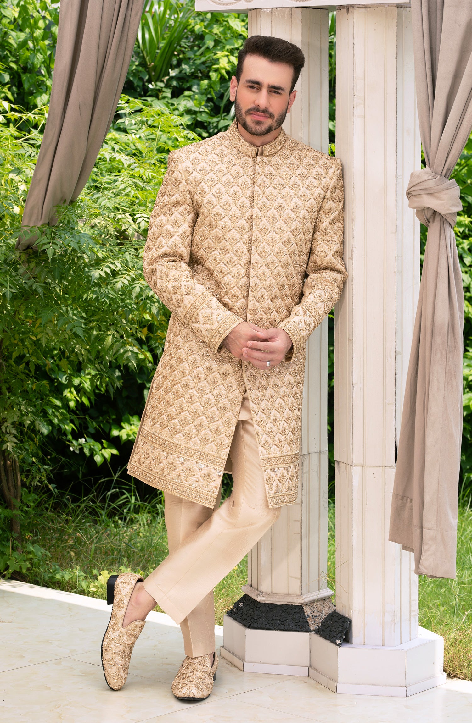 Amber Gold Embroidered Silk Sherwani (3-Piece) - Image 3