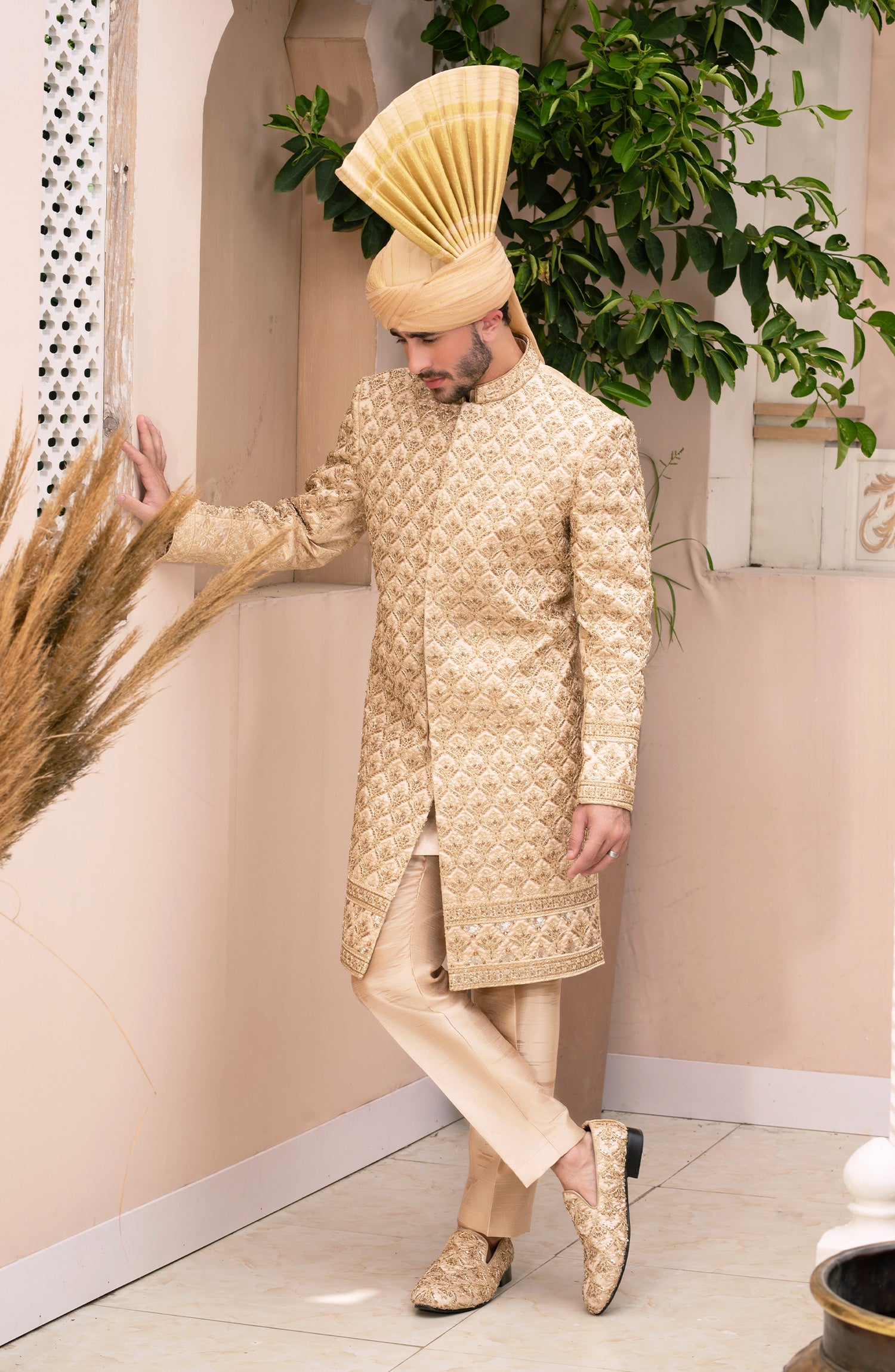 Amber Gold Embroidered Silk Sherwani (3-Piece) - Image 4