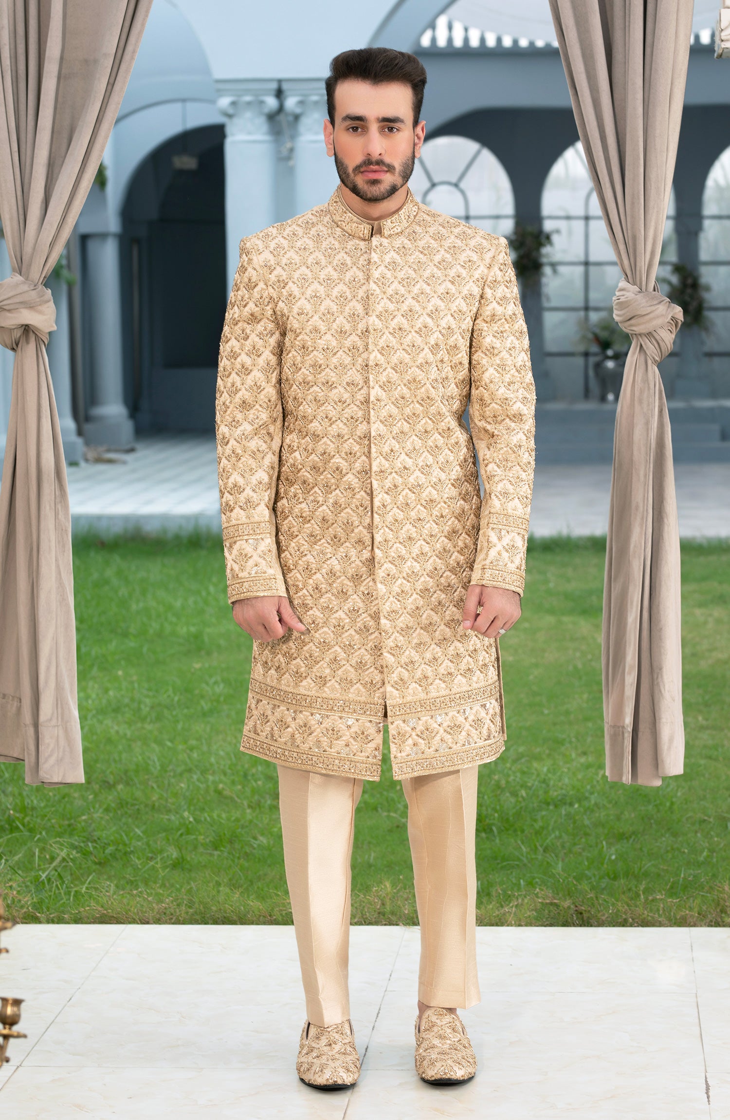 Amber Gold Embroidered Silk Sherwani (3-Piece) - Image 5