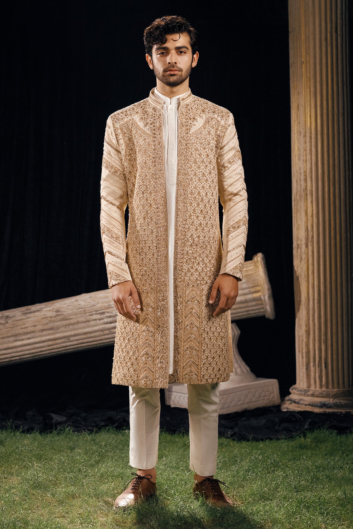 Metallic Gold Embellished Silk Sherwani (2-Piece) - Image 1