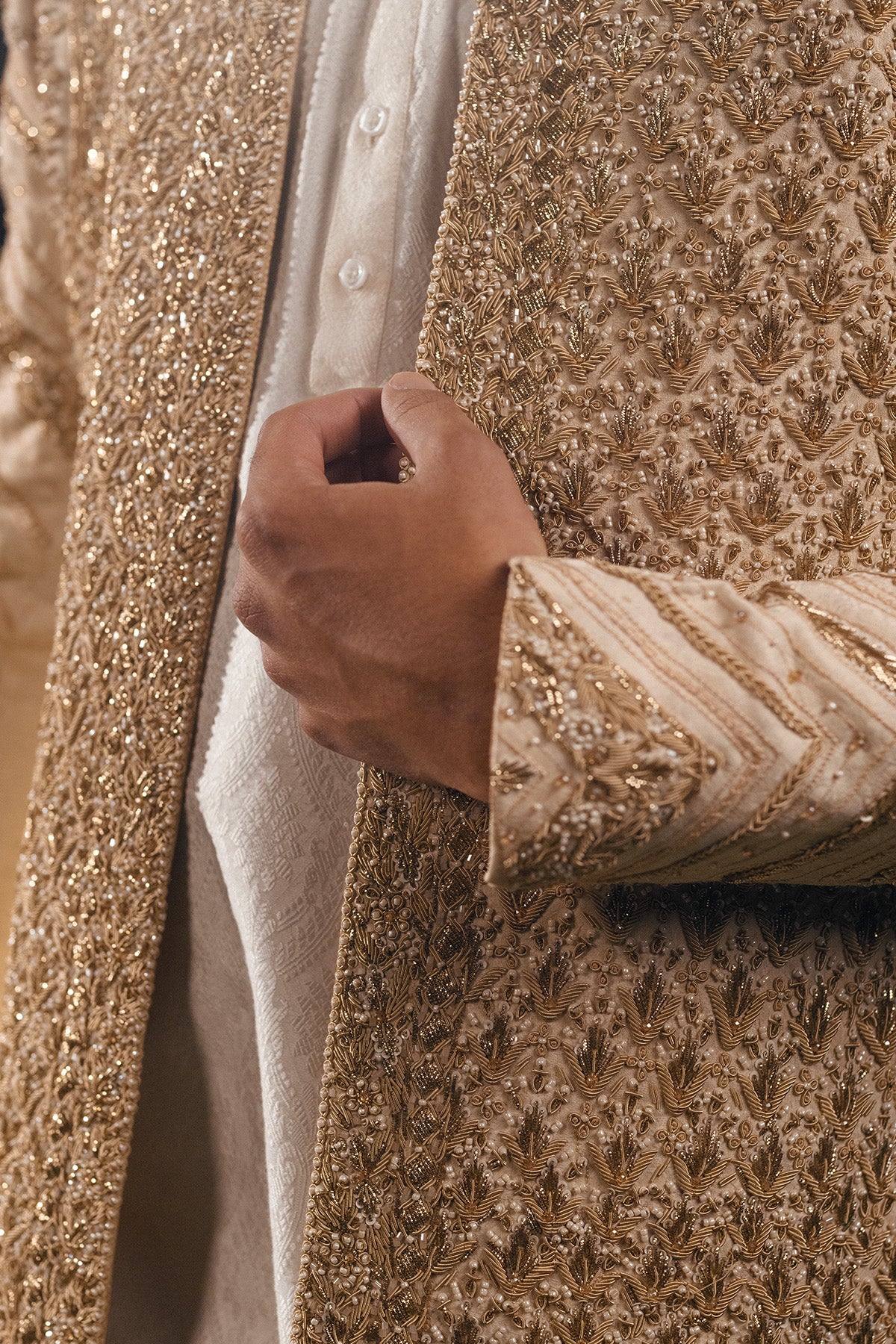 Metallic Gold Embellished Silk Sherwani (2-Piece) - Image 2